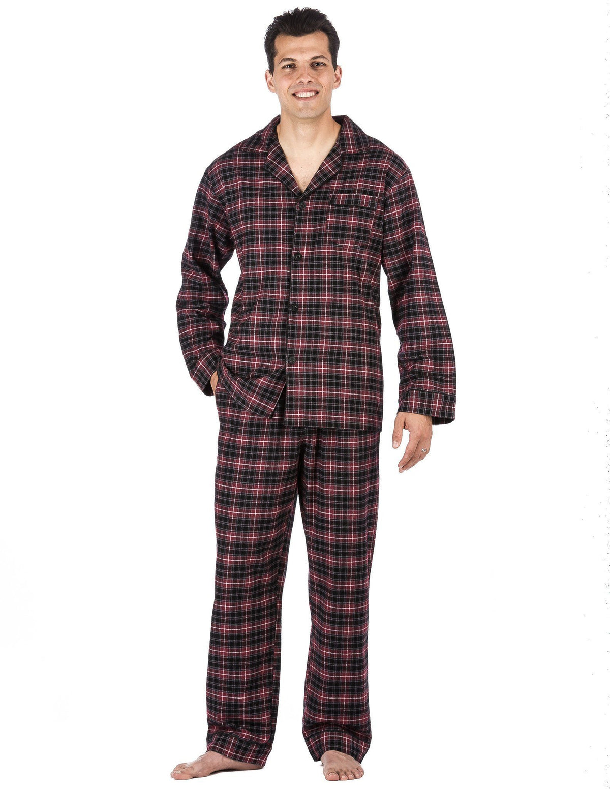Relaxed Fit Men's Premium 100% Cotton Flannel Pajama Sleepwear Set - Burgundy/Grey Plaid