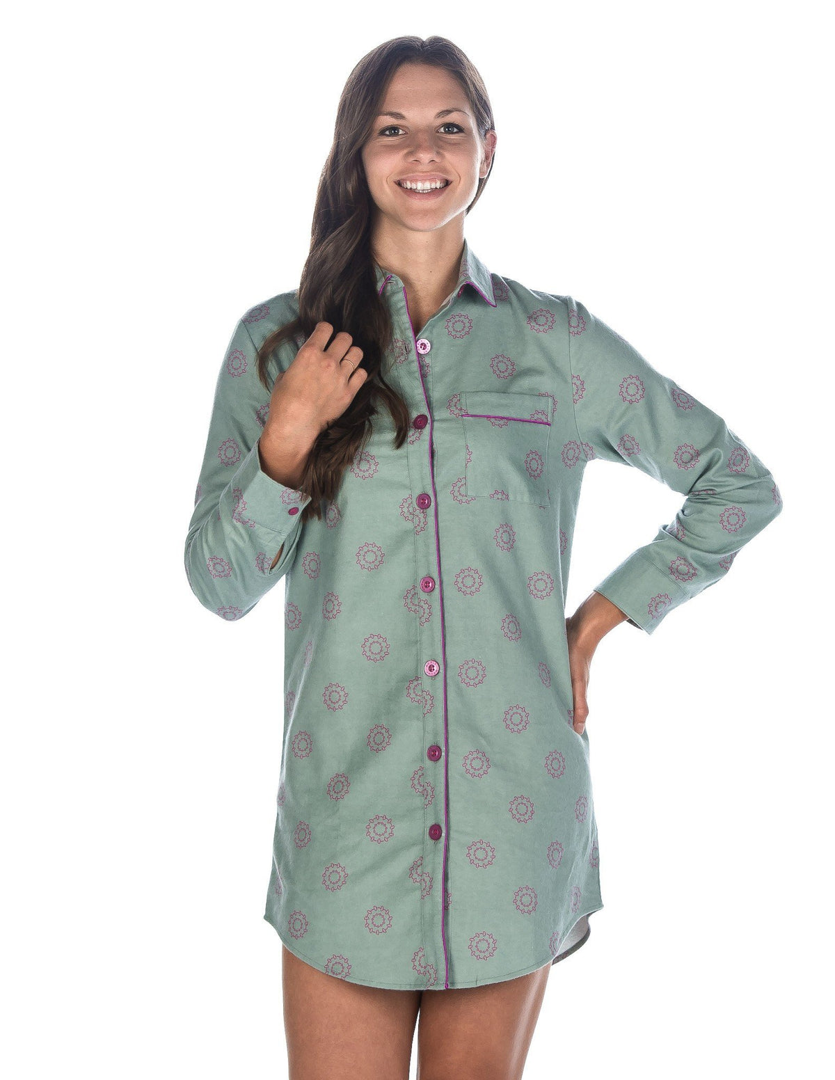 Women's Premium 100% Cotton Flannel Long Sleeve Sleep Shirt - Ginko Circles - Green