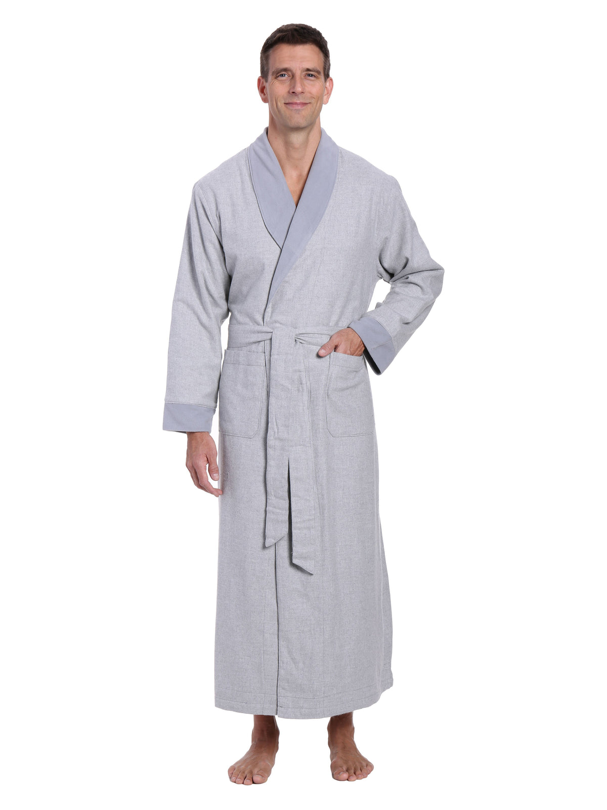 Men's Premium 100% Cotton Flannel Fleece Lined Robe - Heather Gray