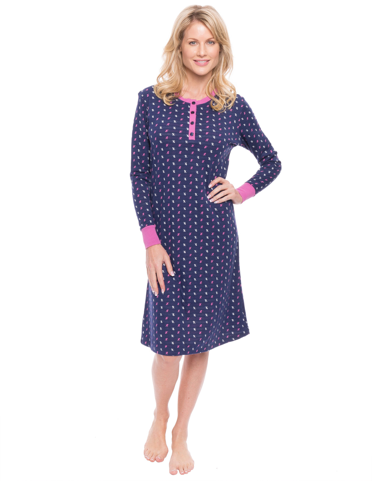 Women's Double Layer Knit Jersey Sleep Dress - Leaves Navy/Pink
