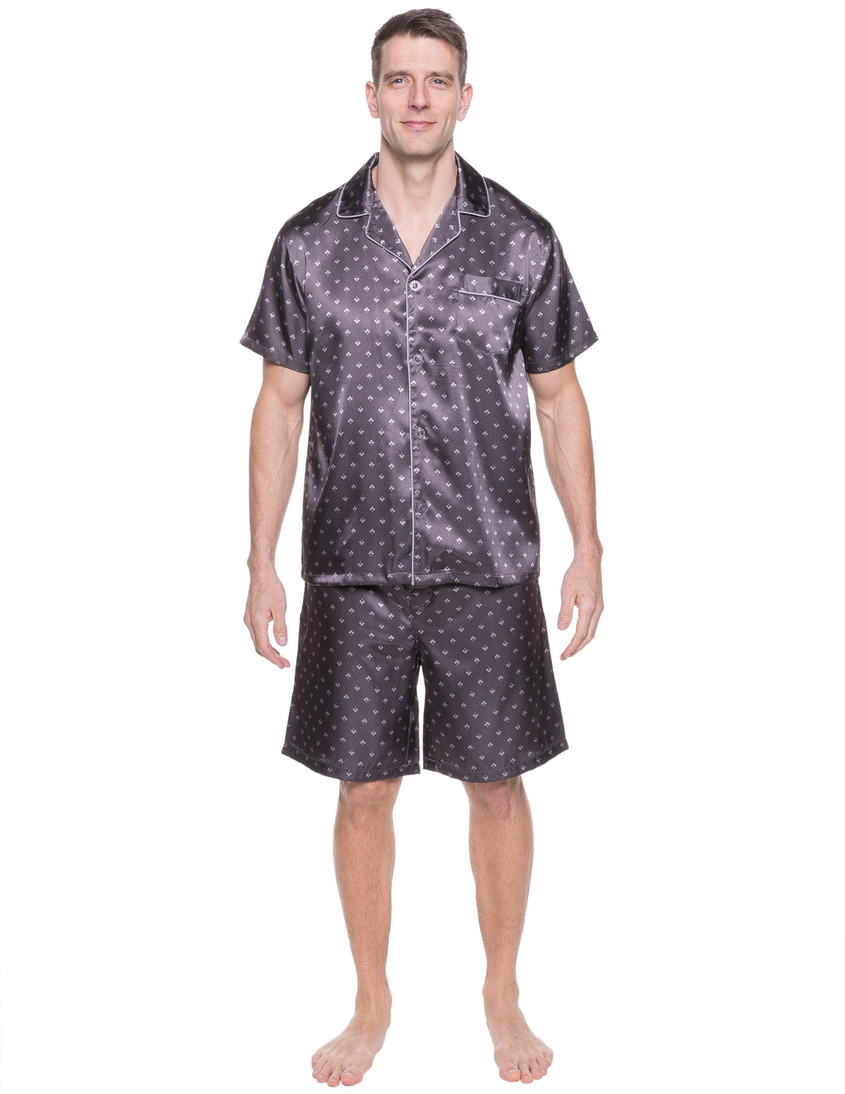 Mens Satin Short Sleepwear/Pajama Set - Diamond Squares Dark Grey