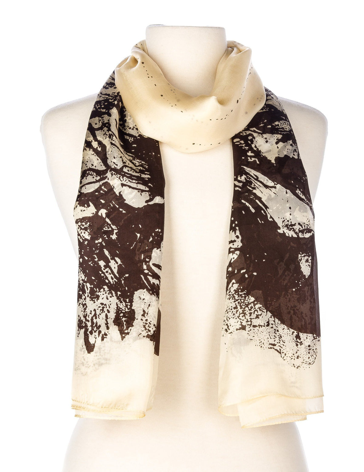 Women's Premium 100% Silk Scarf - Floral Art - Ivory/Brown
