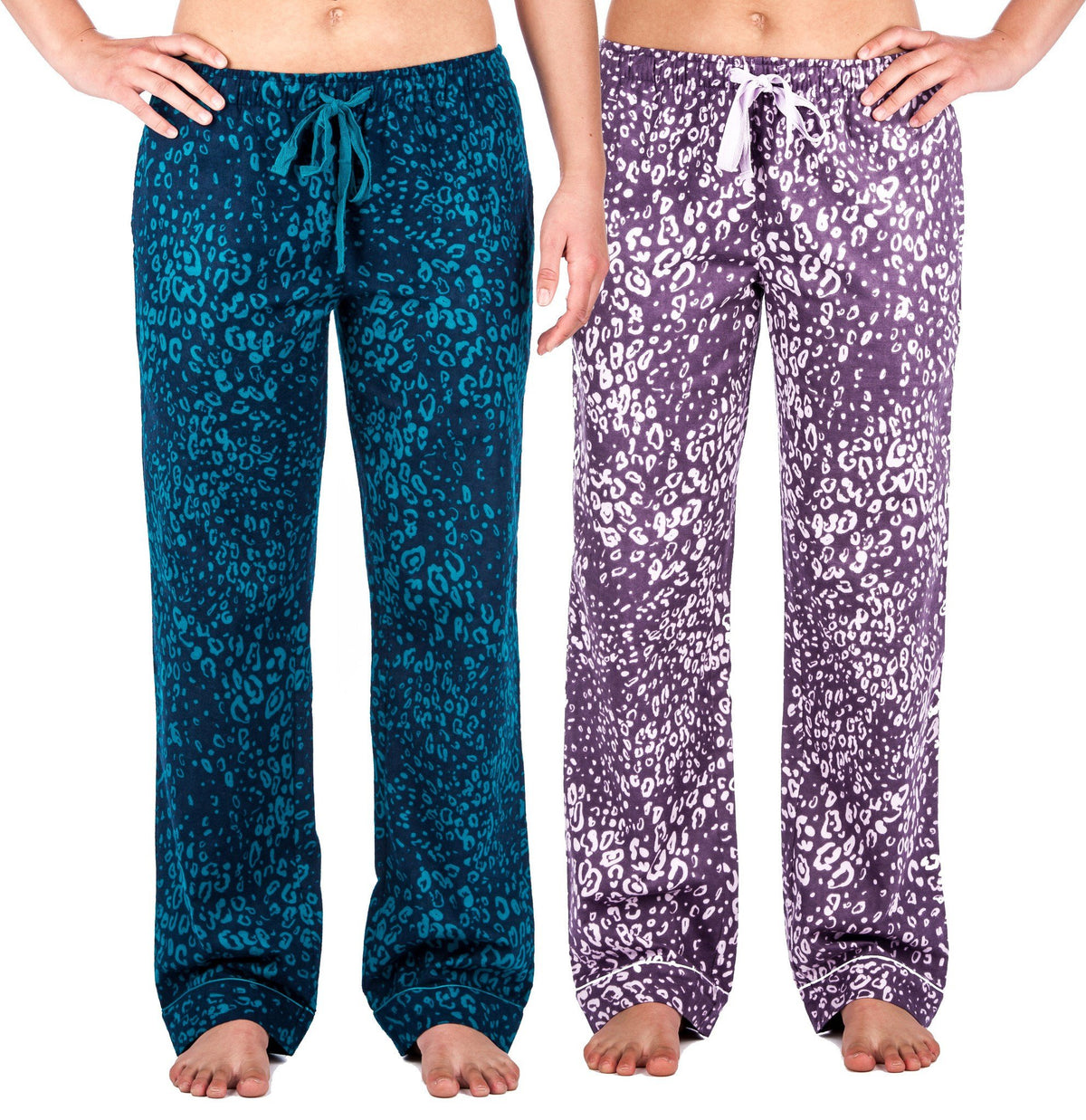 Women's 100% Cotton Flannel Lounge Pants (2-Pack) - Relaxed Fit - Leopard Purple/Blue