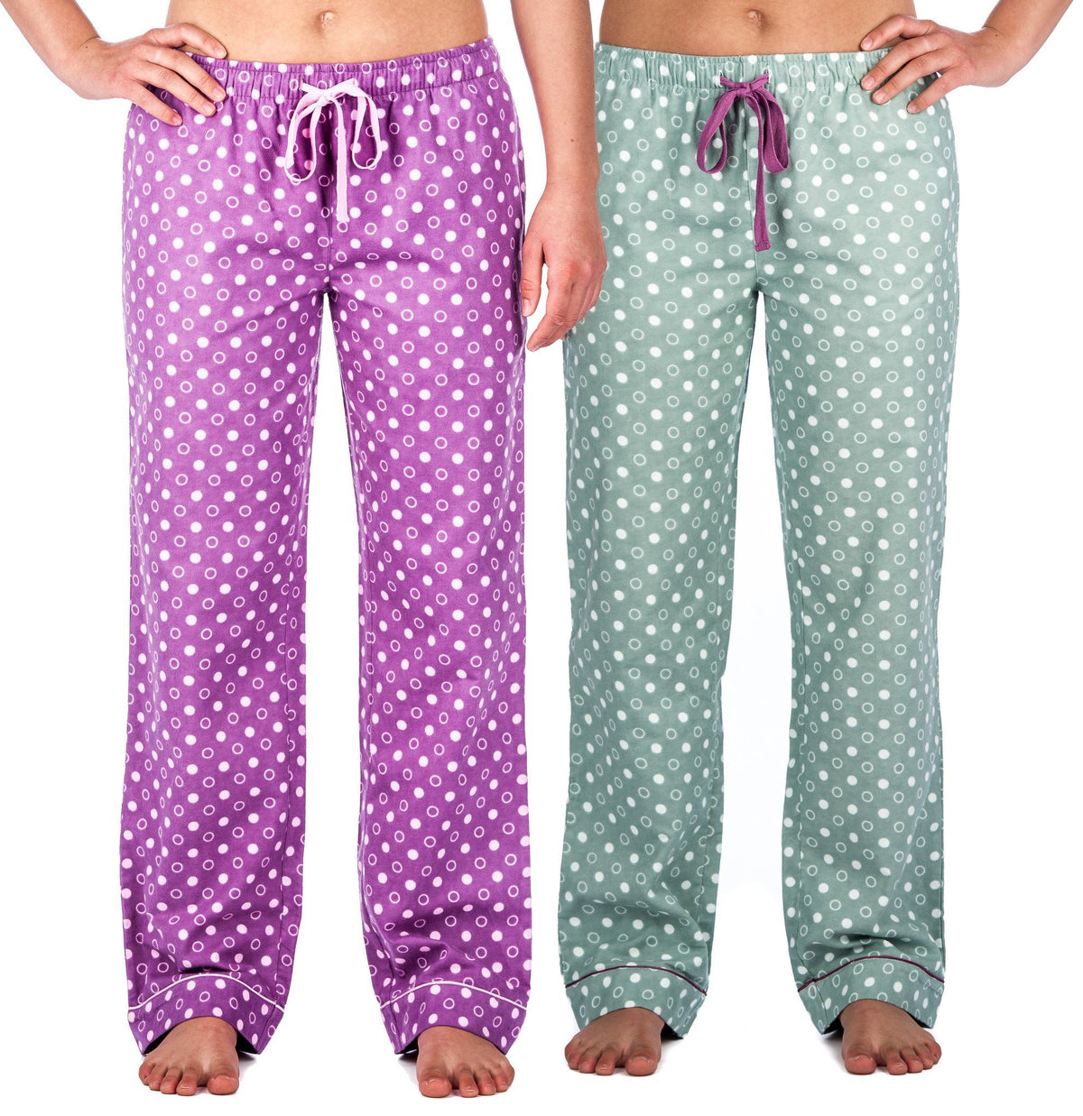 Women's 100% Cotton Flannel Lounge Pants (2-Pack) - Relaxed Fit - Polka Purple/Green