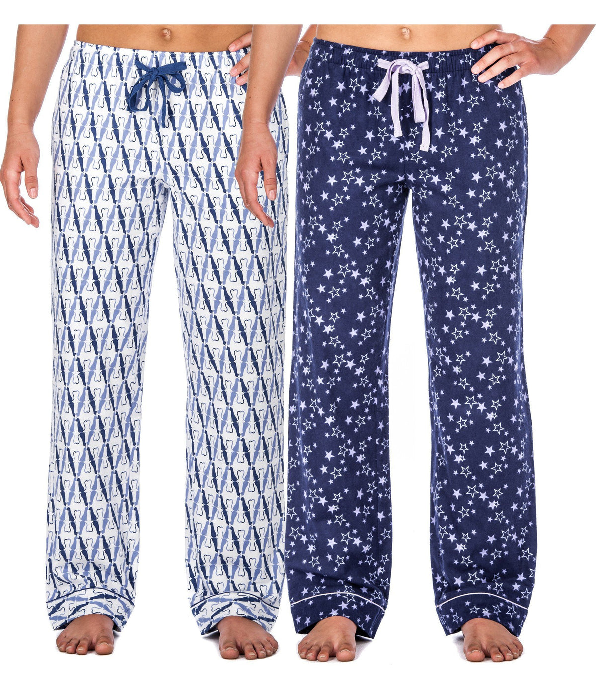 Women's Cotton Flannel Lounge Pants (2 Pack) - Relaxed Fit - Its a Cats World Blue/Starry Nights Blue