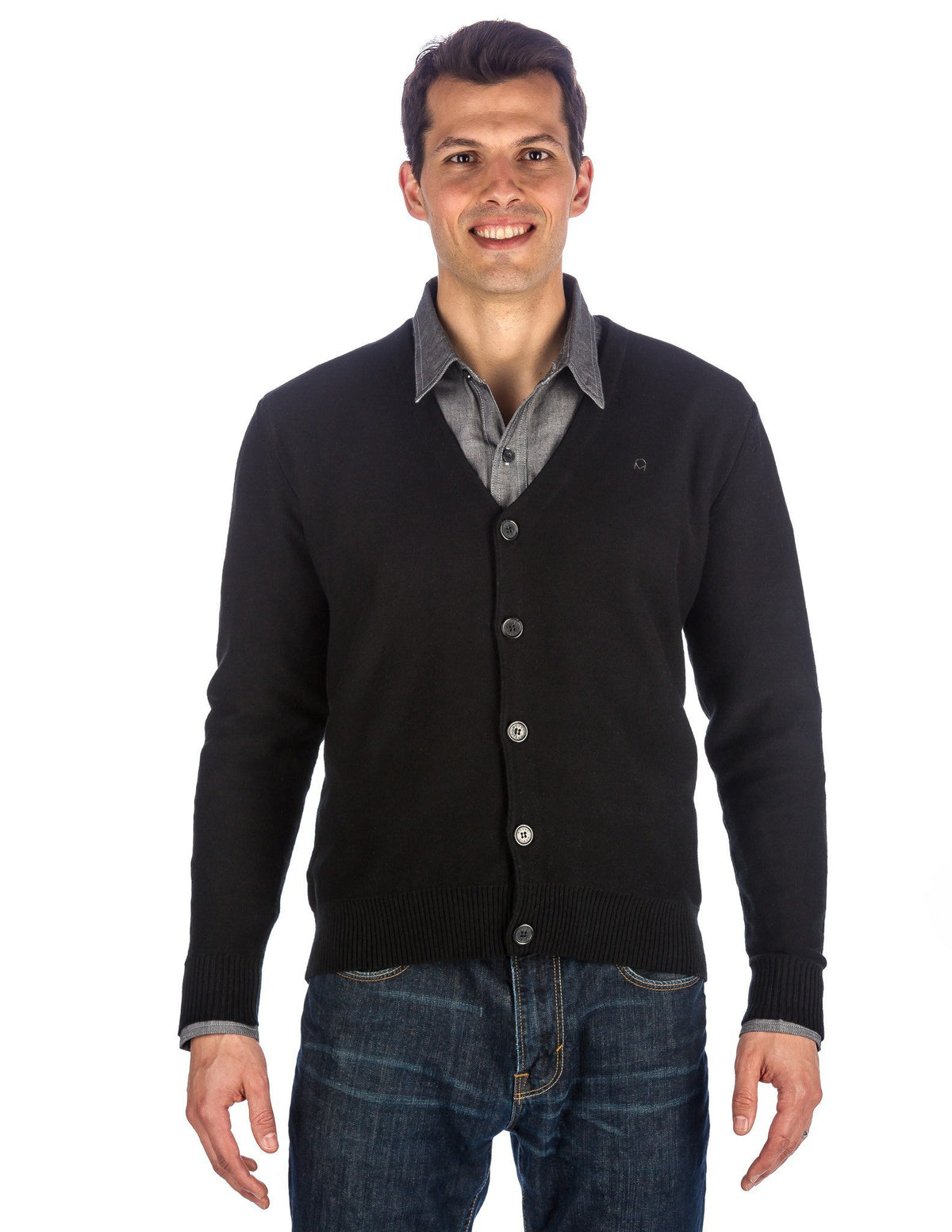 Men's 100% Cotton Cardigan Sweater - Black
