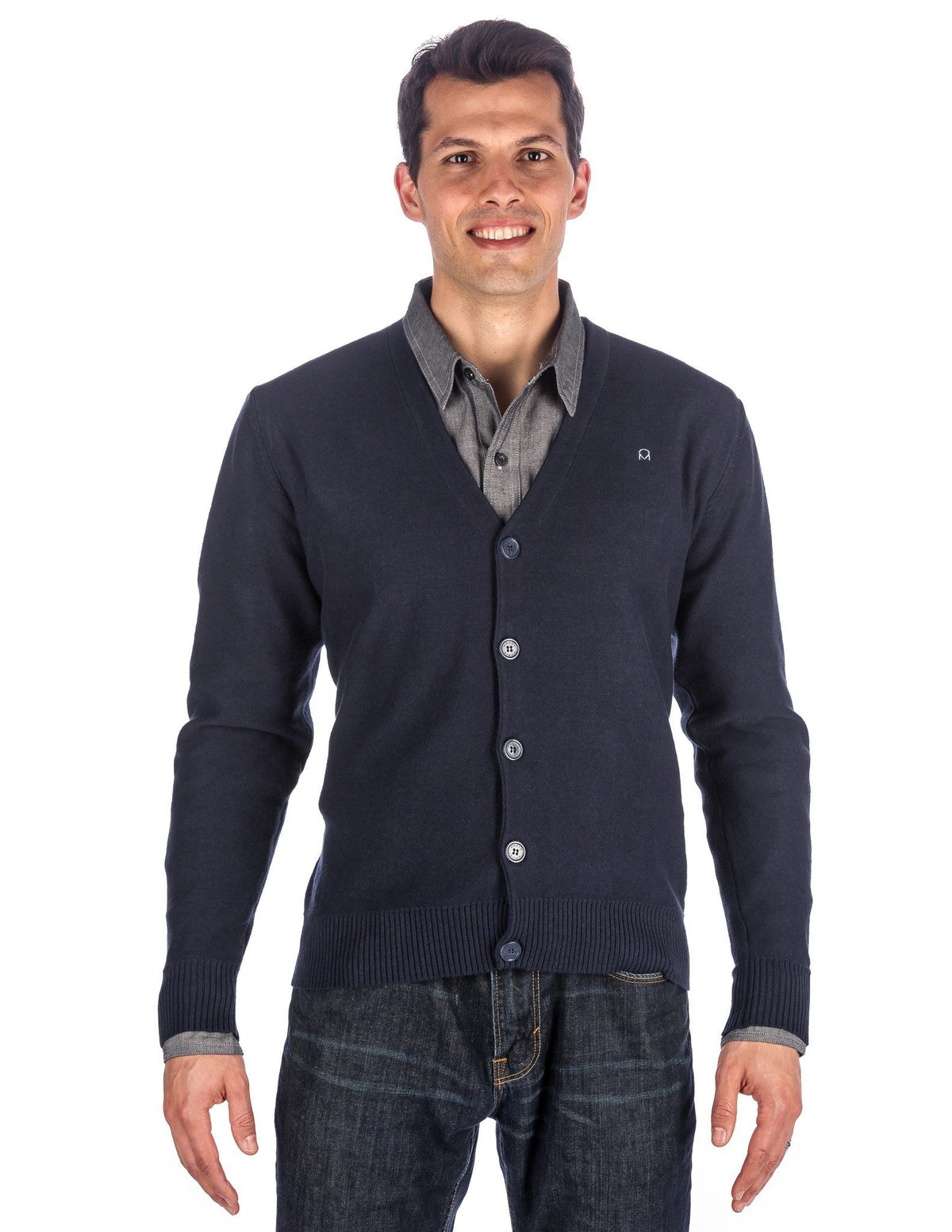 Men's 100% Cotton Cardigan Sweater - Navy