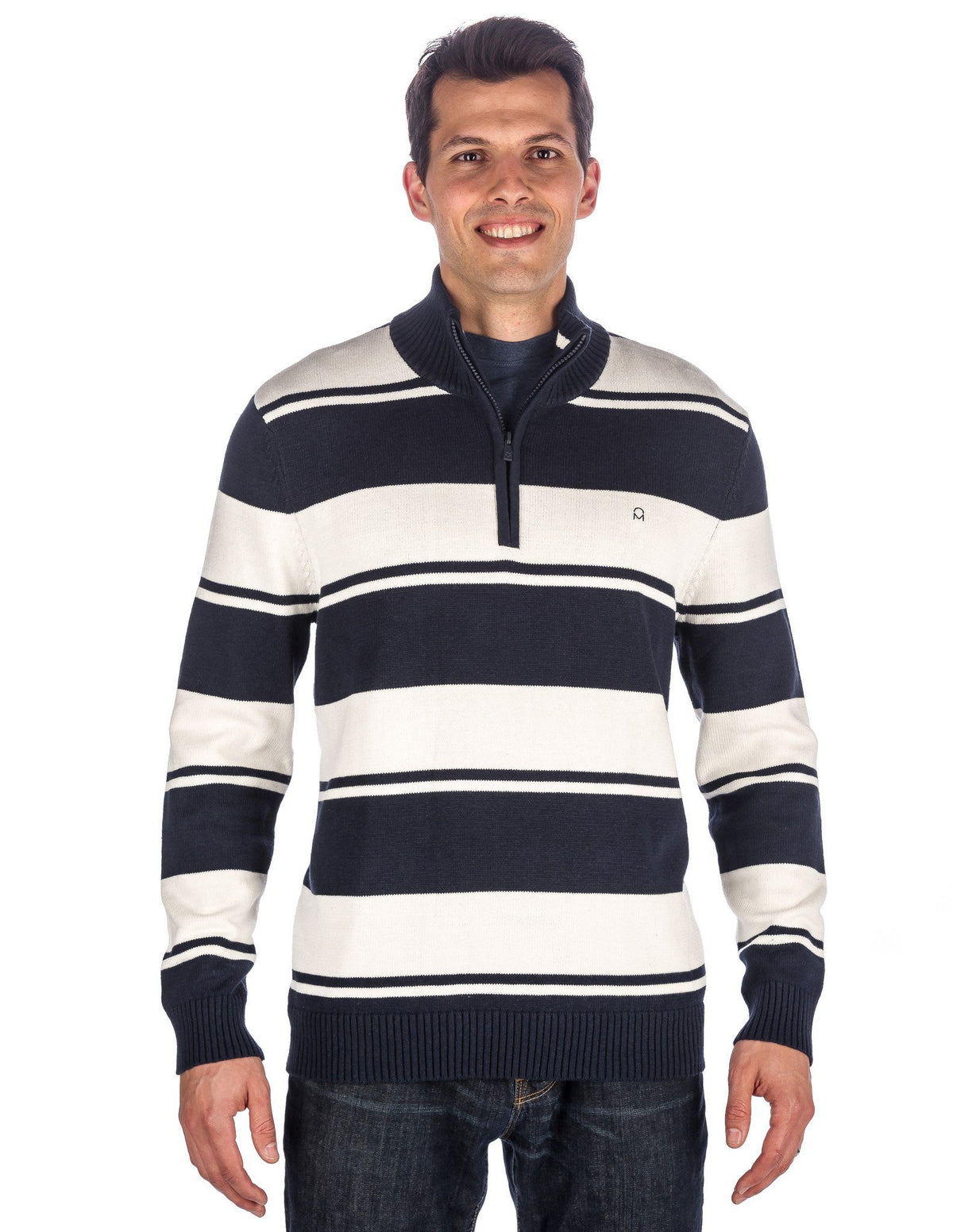Men's 100% Cotton Half-Zip Pullover Sweater - Combo Stripes Navy-Ivory