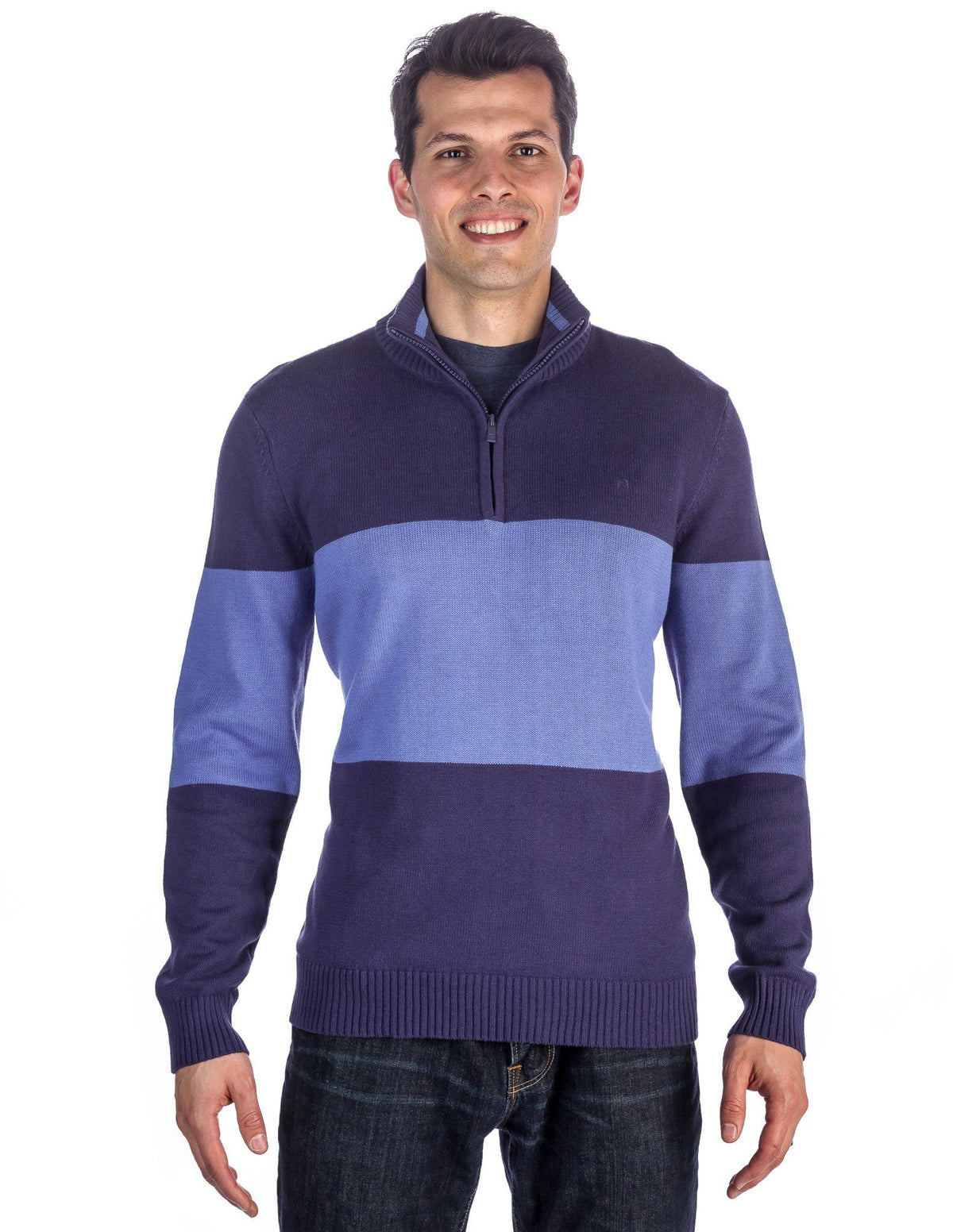Men's 100% Cotton Half-Zip Pullover Sweater - Color Block Blue