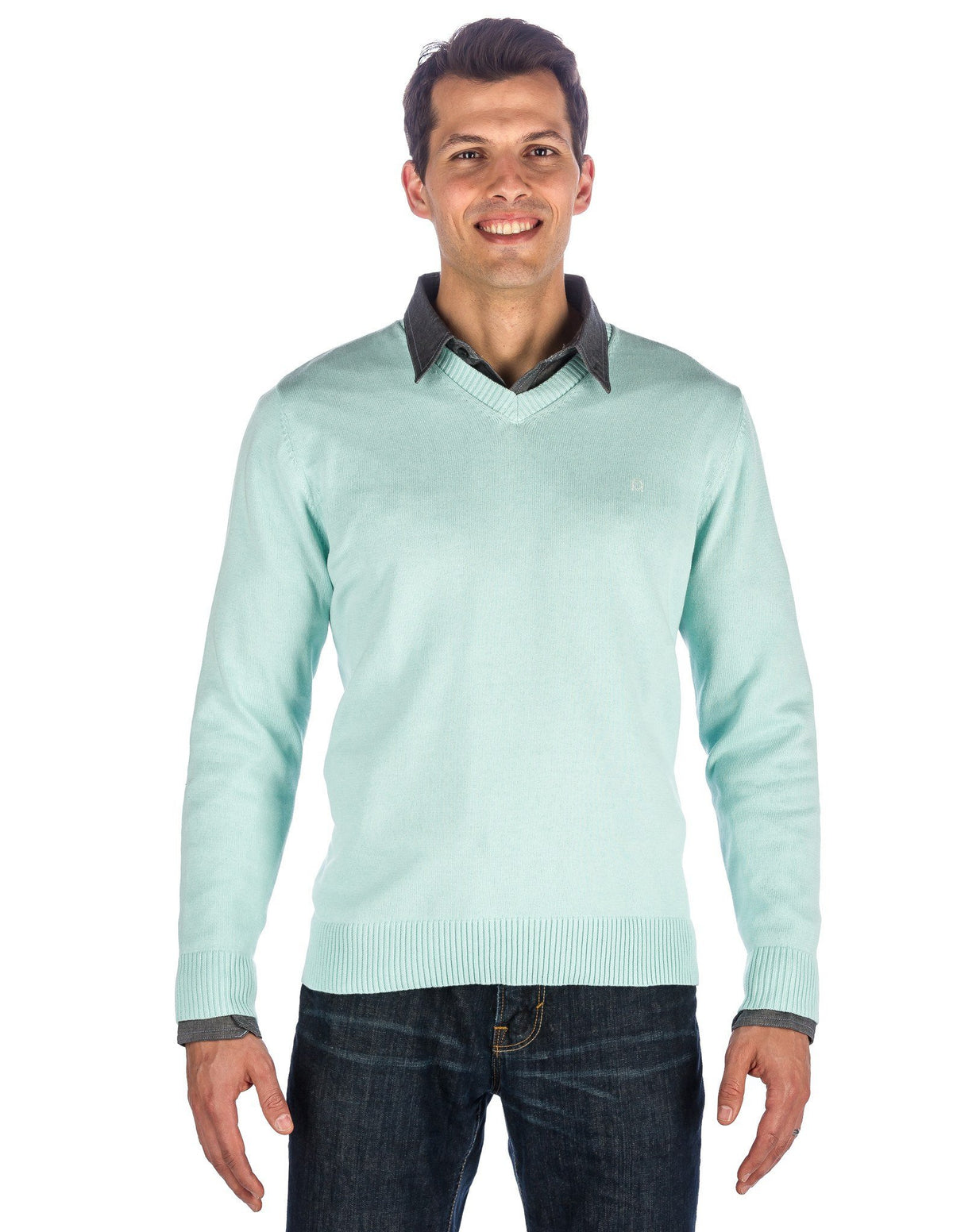 Men's 100% Cotton V-Neck Essential Sweater - Aqua