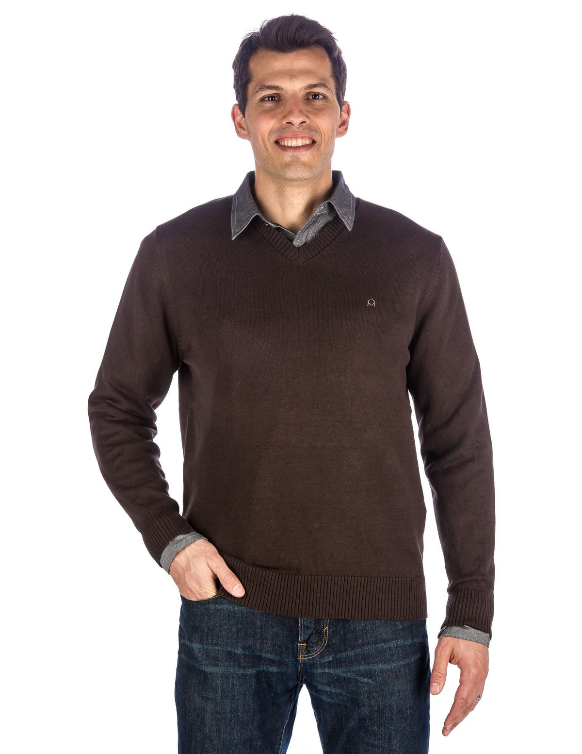 Men's 100% Cotton V-Neck Essential Sweater - Coffee
