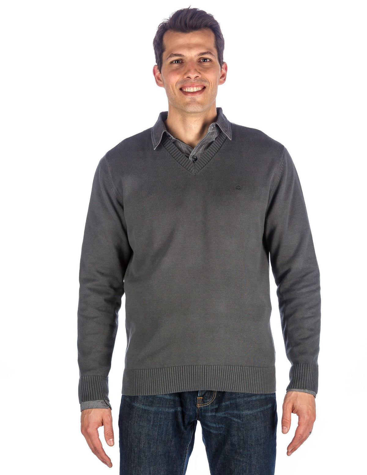 Men's 100% Cotton V-Neck Essential Sweater - Gray