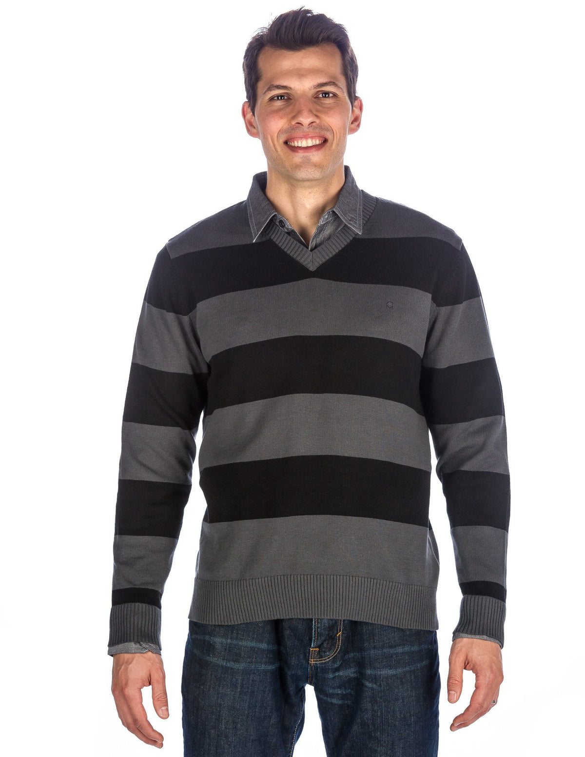 Men's 100% Cotton V-Neck Essential Sweater - Rugby Black/Gray