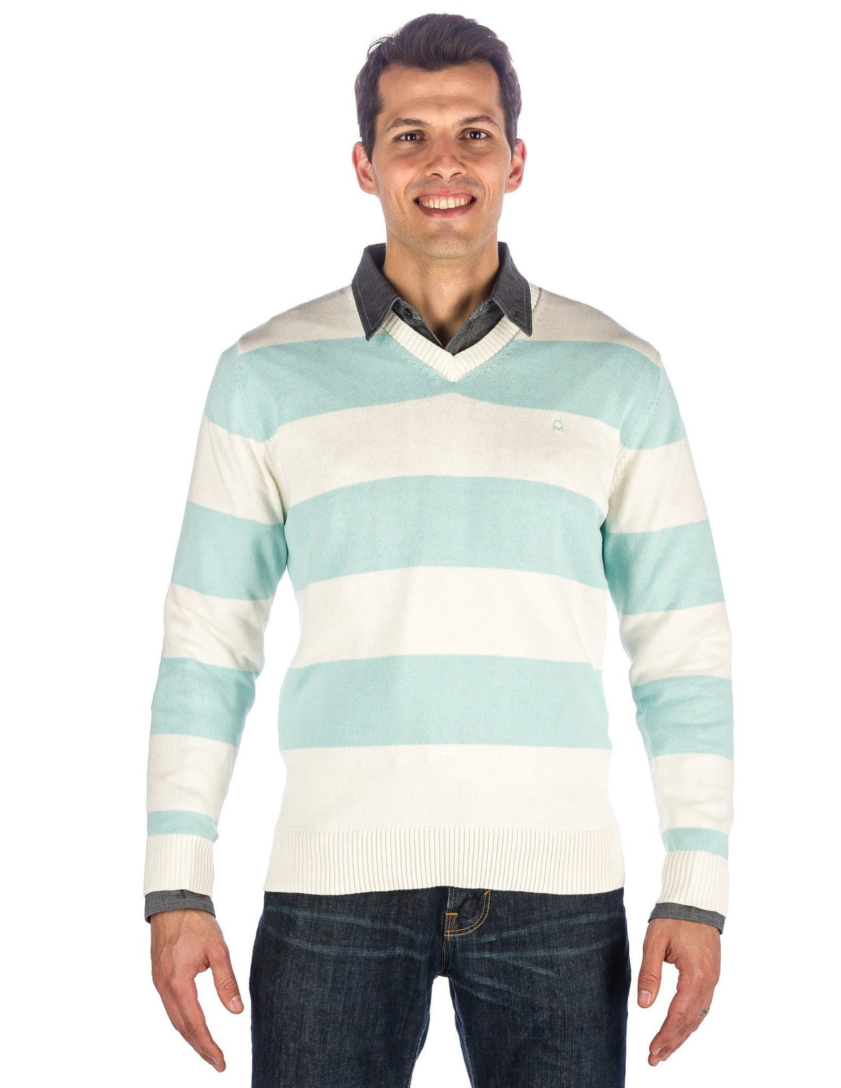 Men's 100% Cotton V-Neck Essential Sweater - Rugby Ivory/Aqua