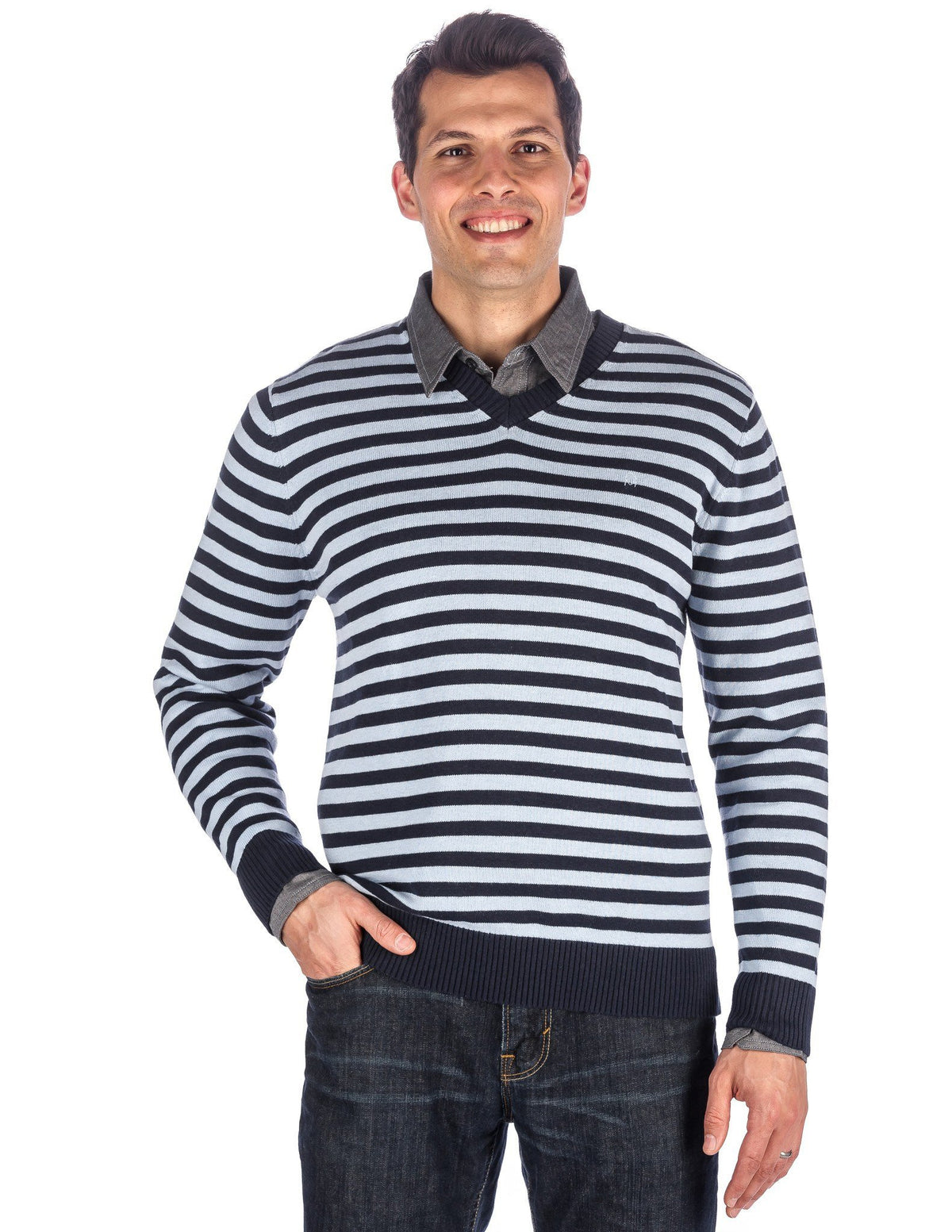 Men's 100% Cotton V-Neck Essential Sweater - Stripes Blue