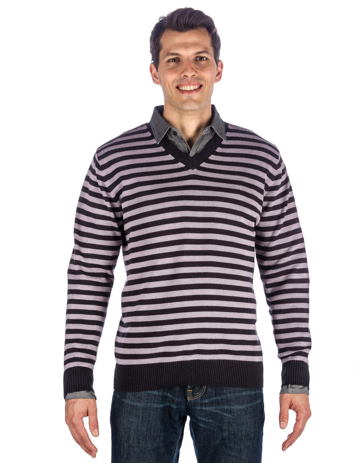Men's 100% Cotton V-Neck Essential Sweater - Stripes Gray