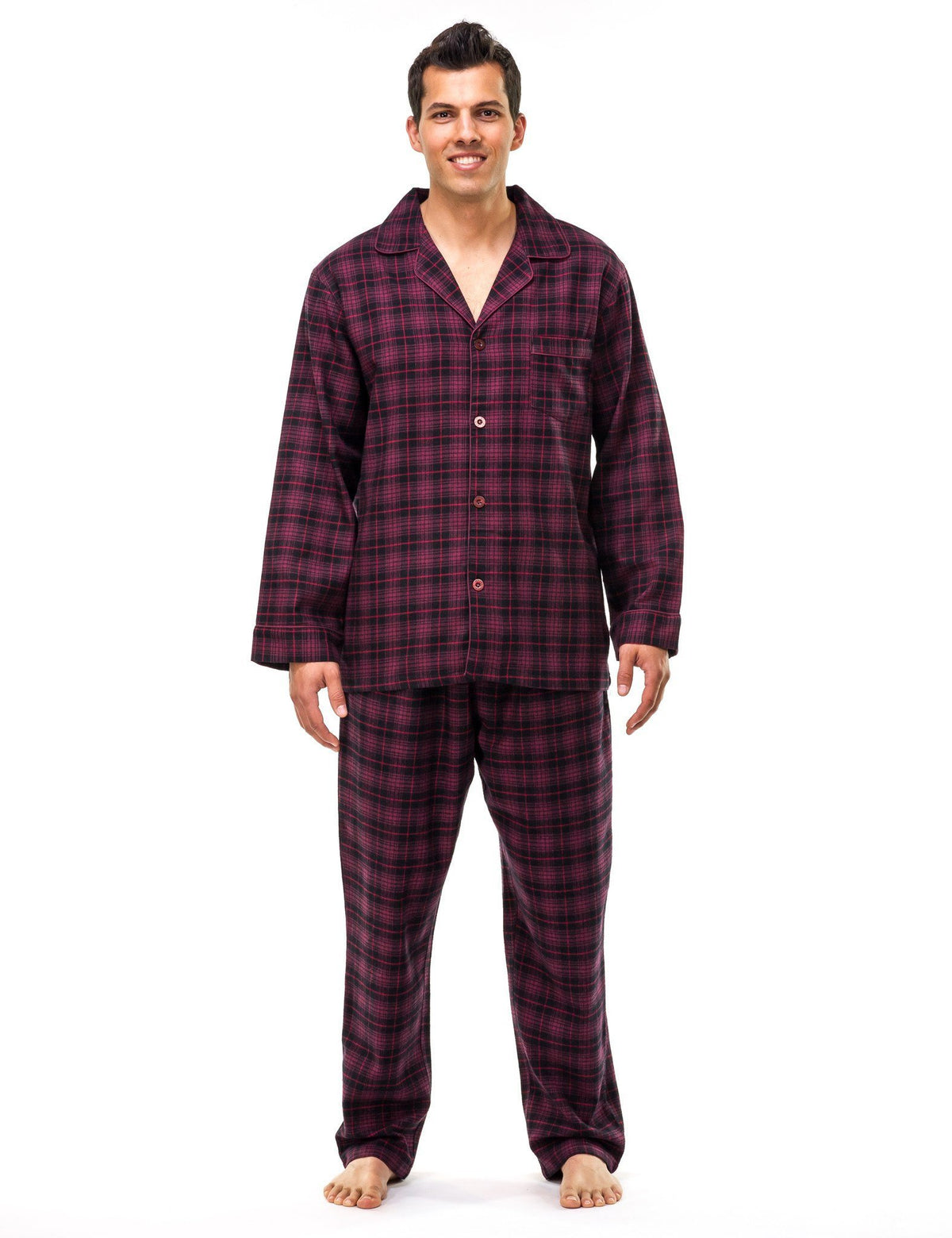 Relaxed Fit Men's Premium 100% Cotton Flannel Pajama Sleepwear Set - Black/Burgundy Plaid