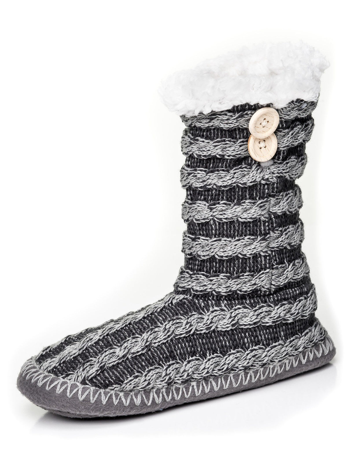 Women's Cable Knit Button Accent Indoor Boot Slippers - Black/Gray