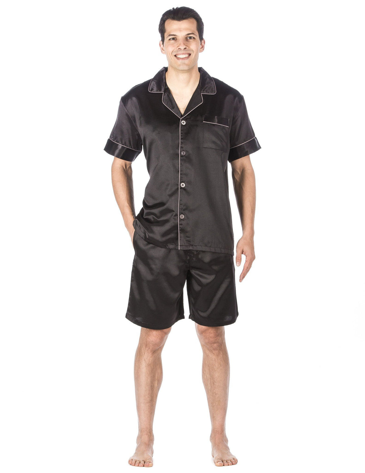 Men's Premium Satin Short Pajama Set - Solid Black