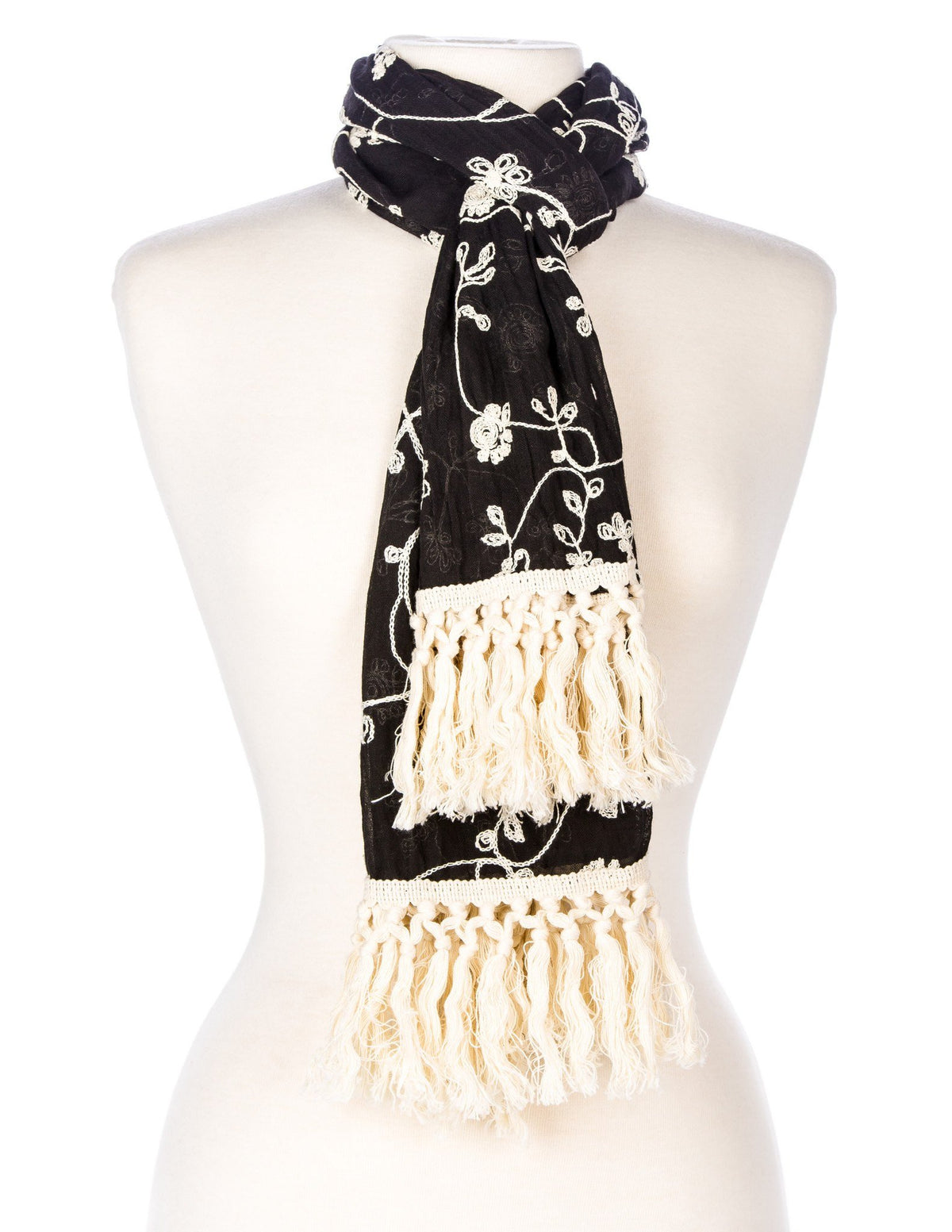 Embroidered Vine Scarf with Tassles - Black