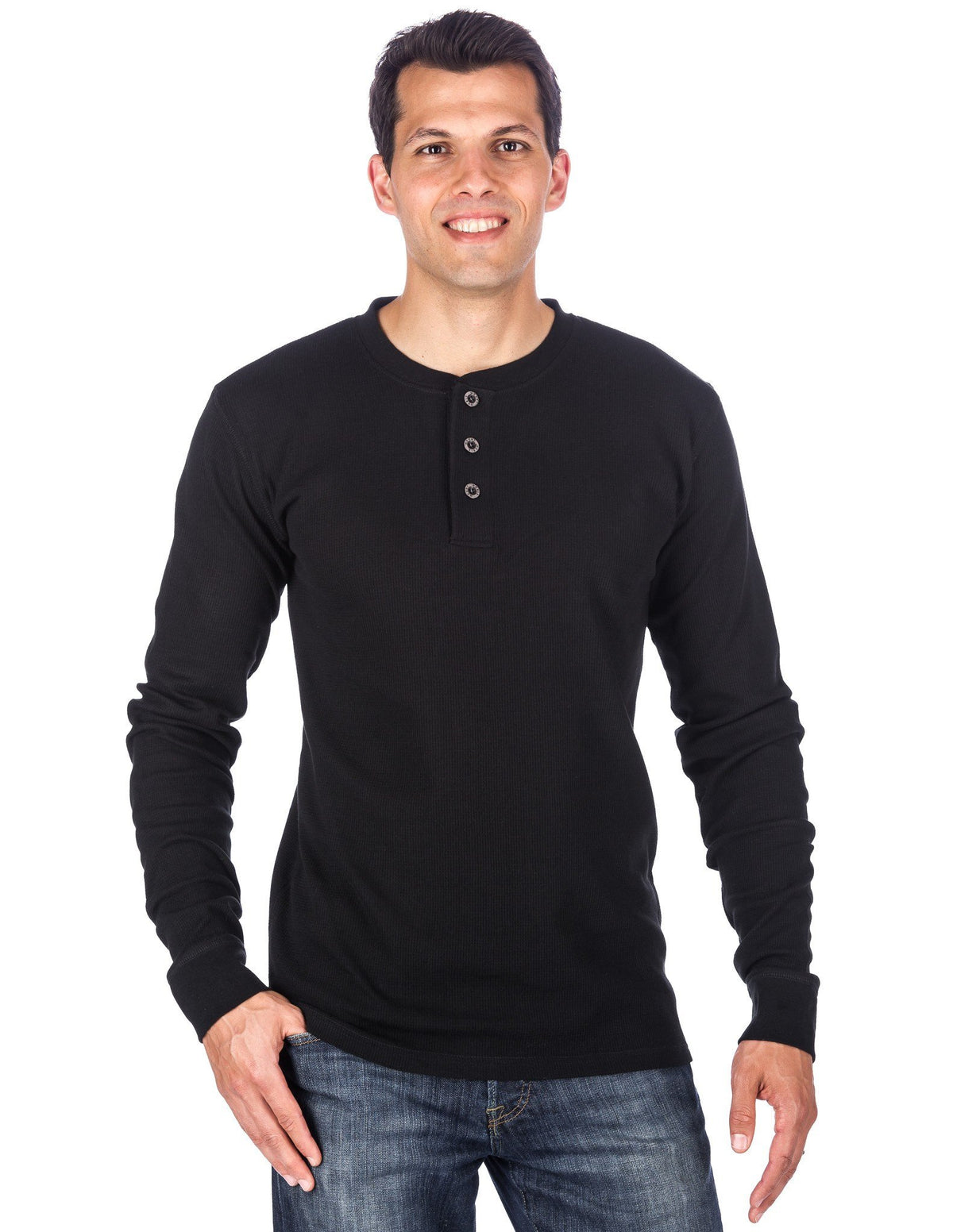 Men's Solid Thermal Henley Long Sleeve T-shirts - Real Black