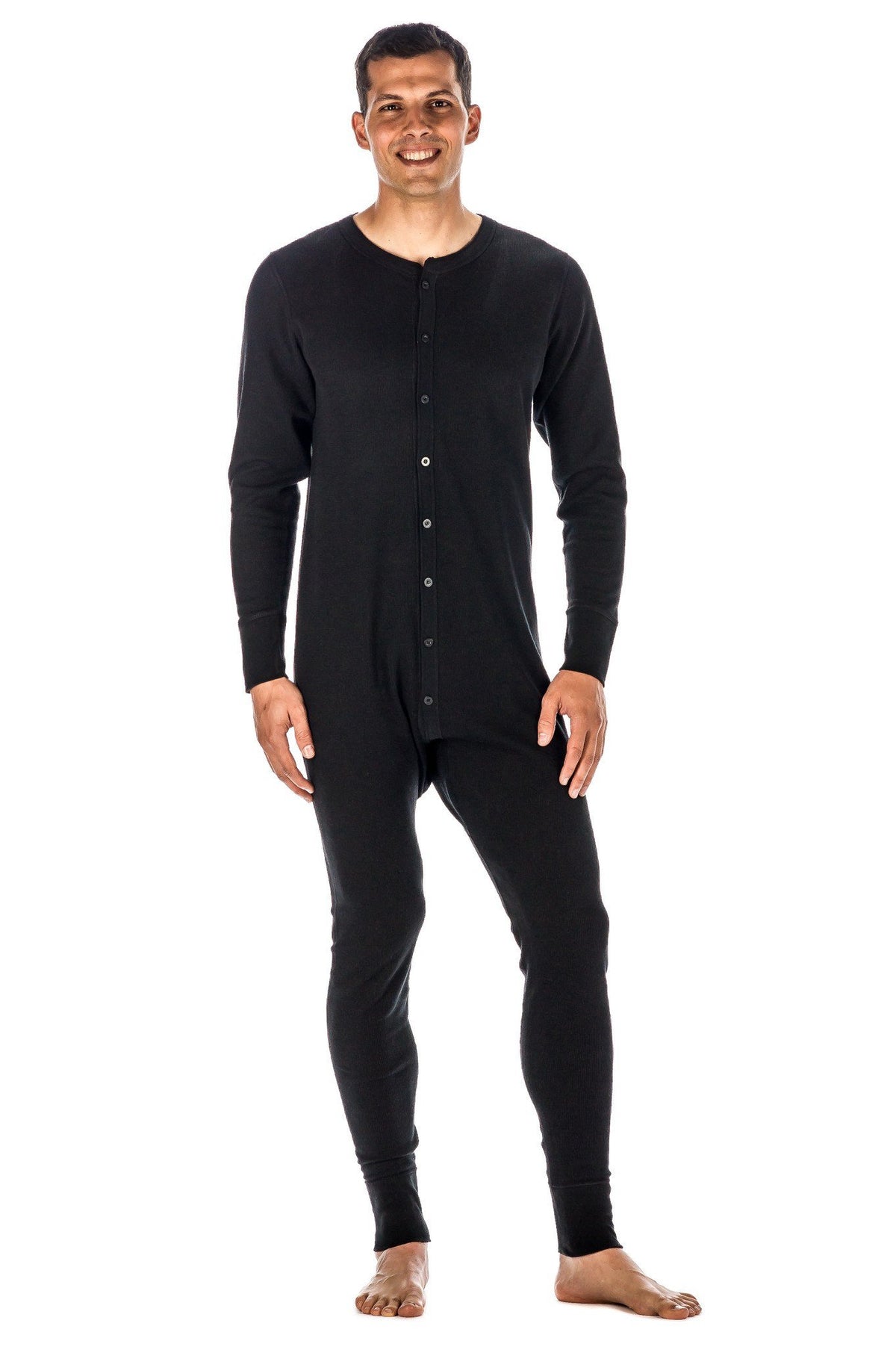 Men's Waffle Knit Thermal Union Suit - Black