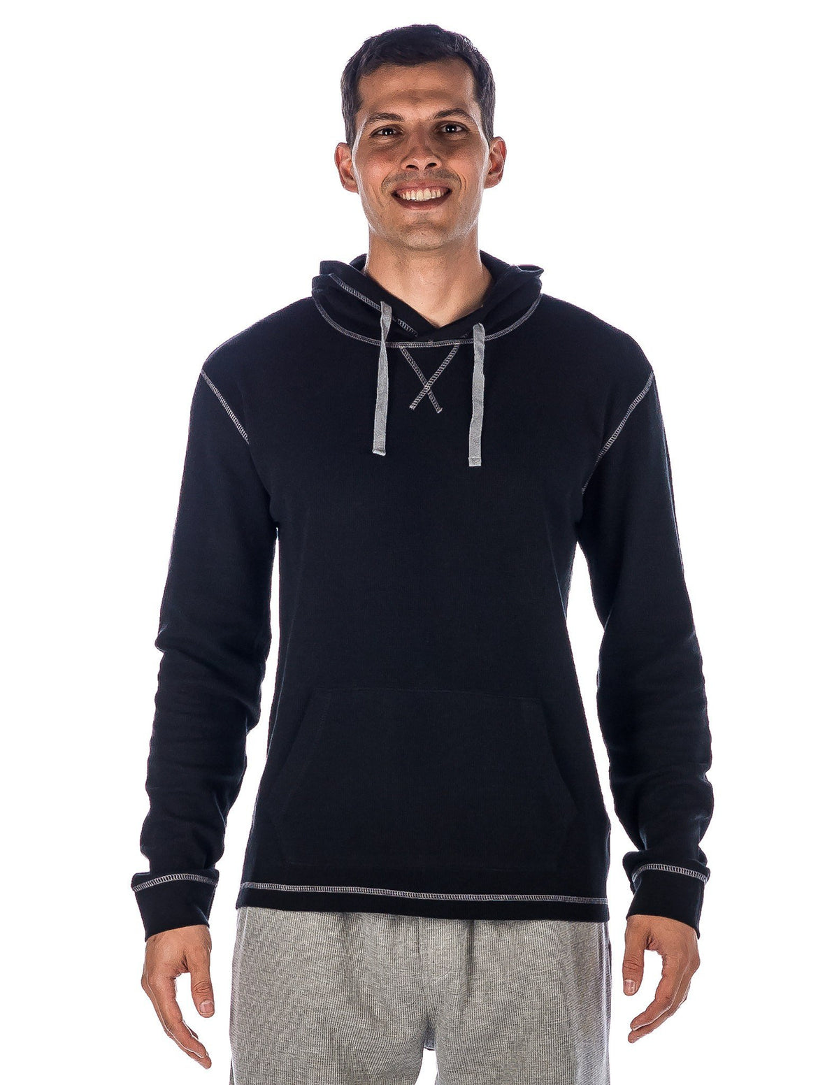 Men's Solid Thermal Lounge Hoodie - with Contrast Stitching - Black