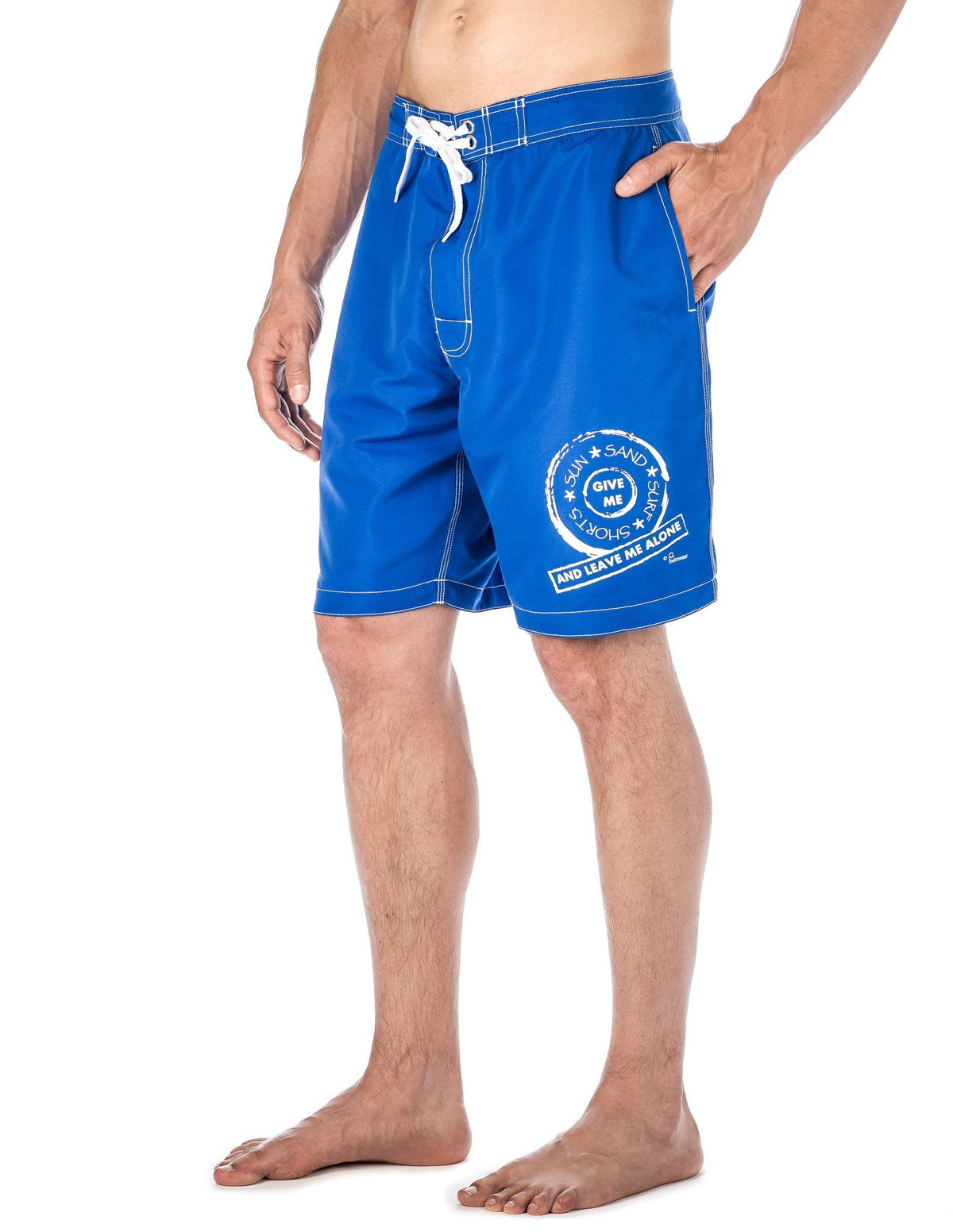 Men's Premium Swim Boardshorts - With Beach Attitude Stamps - Leave me Alone - Blue/White