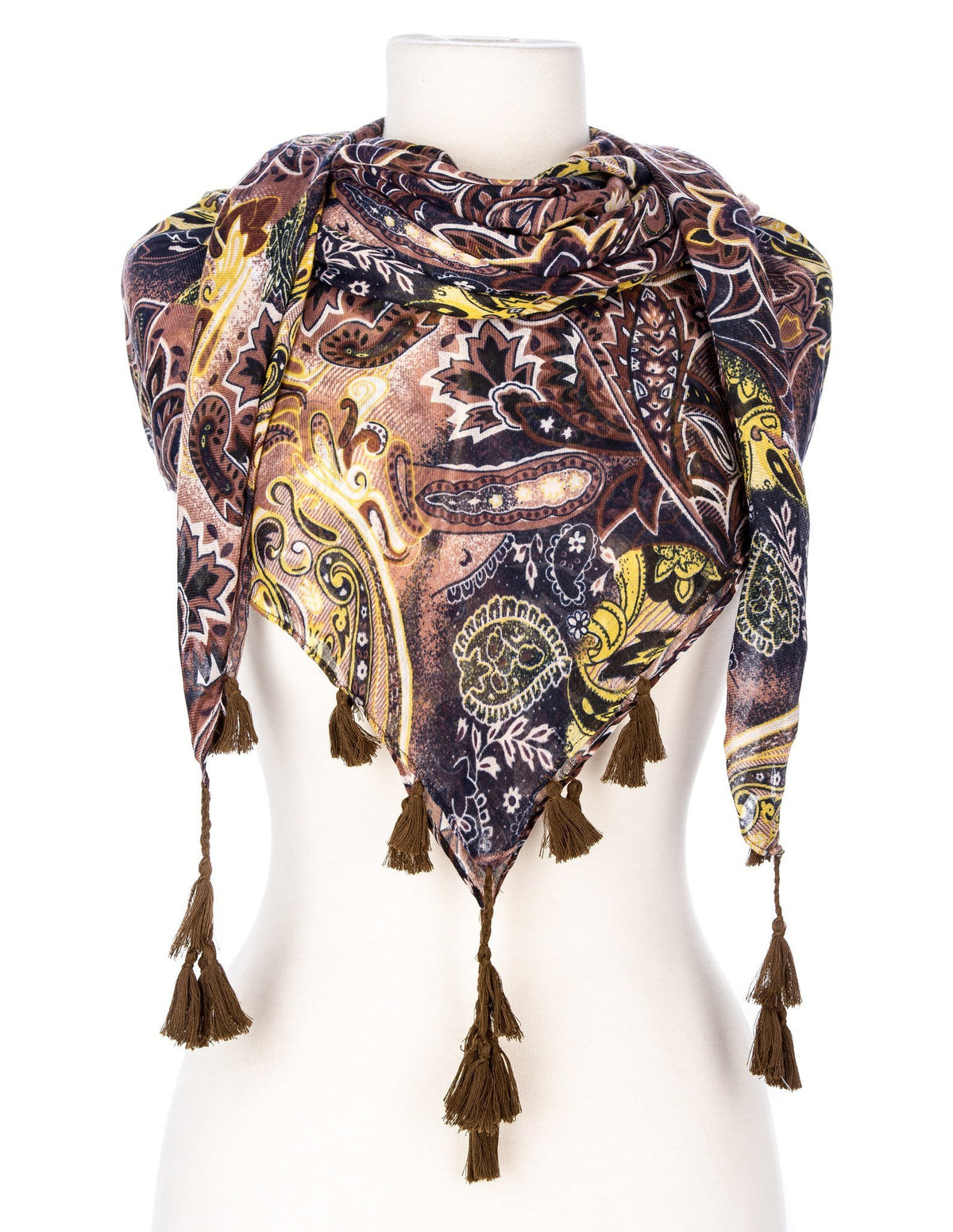 Peacock Flair Spring Scarf - Brown/Navy/yellow