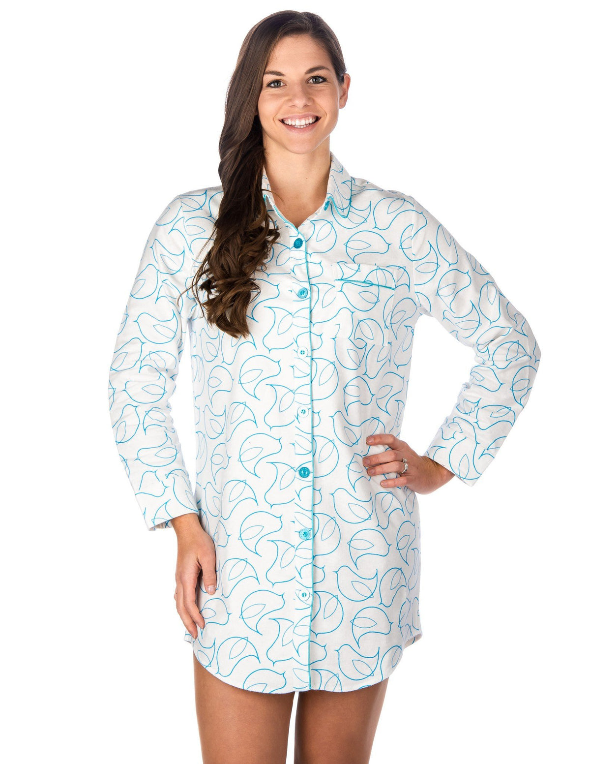 Women's Premium 100% Cotton Flannel Long Sleeve Sleep Shirt - Bird - White