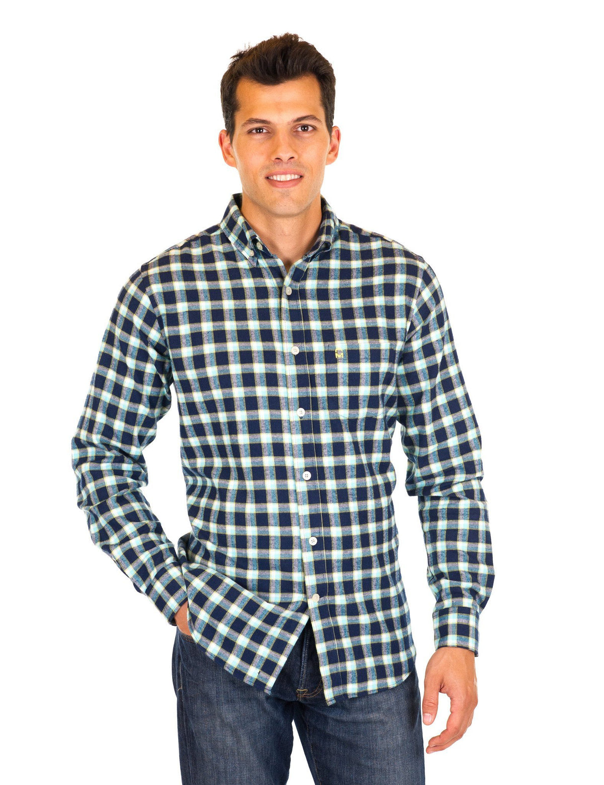 Mens 100% Cotton Flannel Shirt - Regular Fit - Black/Blue Plaid