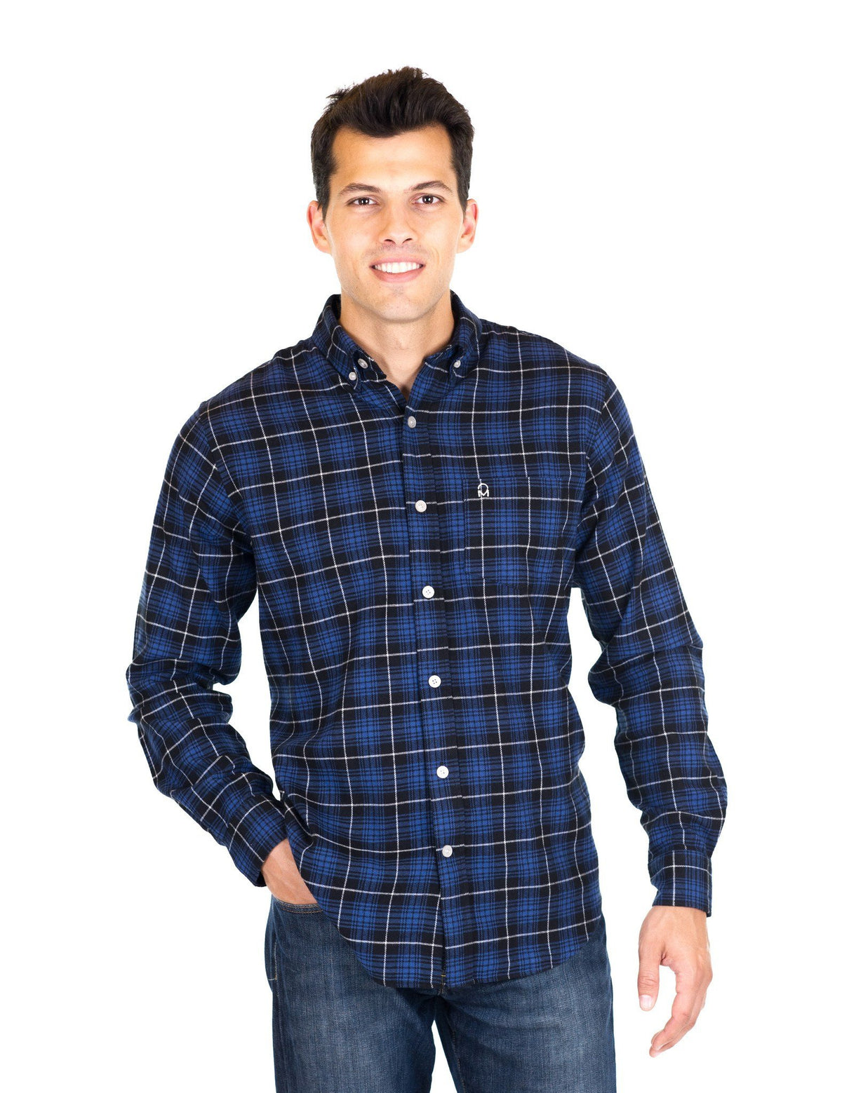 Mens 100% Cotton Flannel Shirt - Regular Fit - Black/Navy Plaid