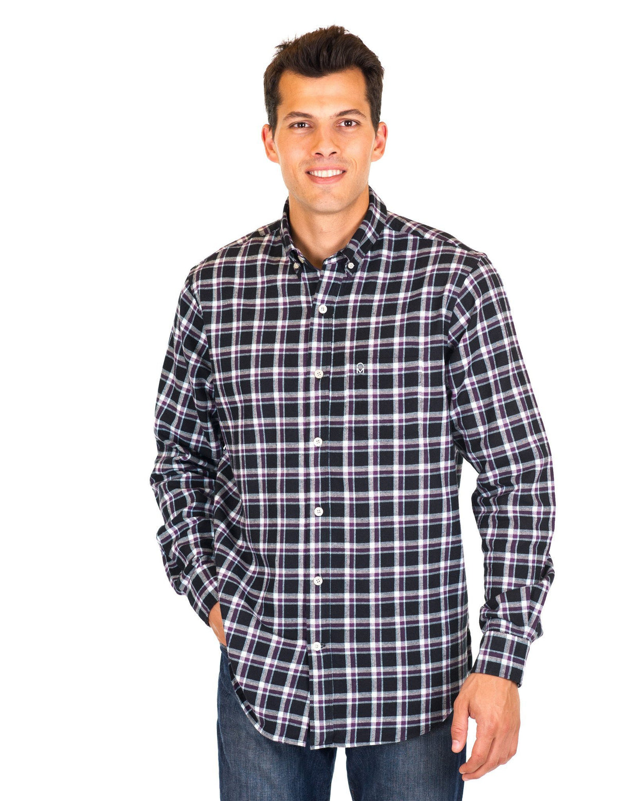 Mens 100% Cotton Flannel Shirt - Regular Fit - Black/Purple Plaid