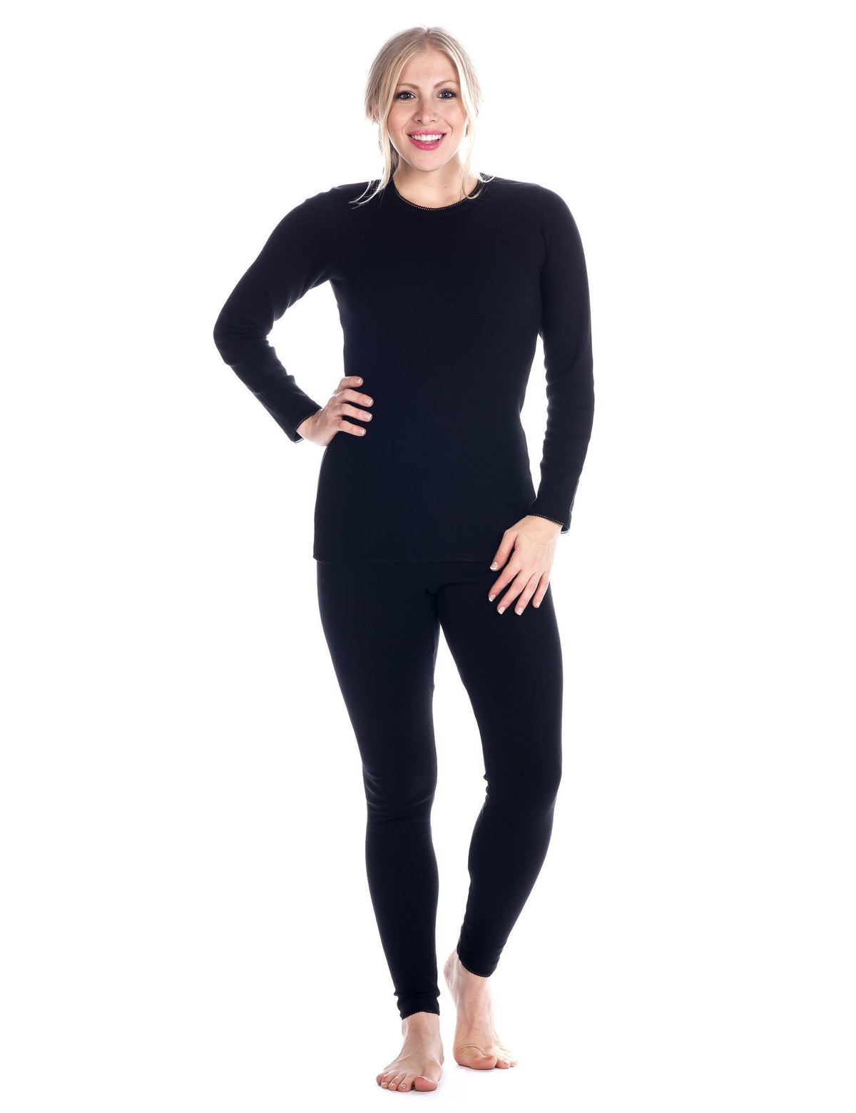 Women's Extreme Cold Waffle Knit Thermal Top and Bottom Set - Black