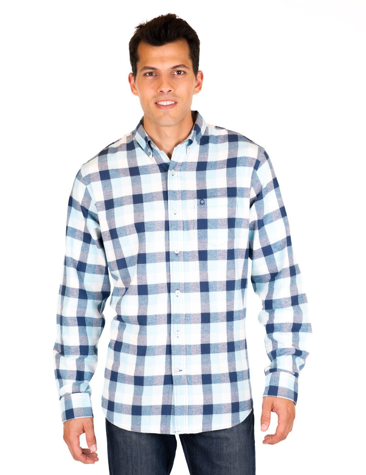 Mens 100% Cotton Flannel Shirt - Regular Fit - Blue Checks