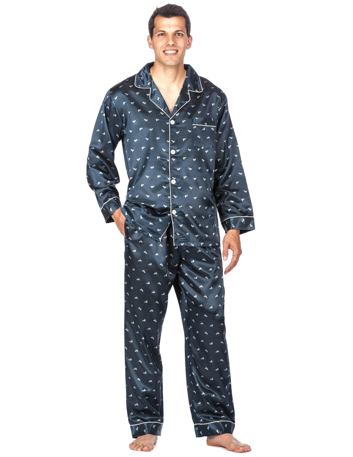 Men's Premium Satin Pajama Sleepwear Set - Navy Boat