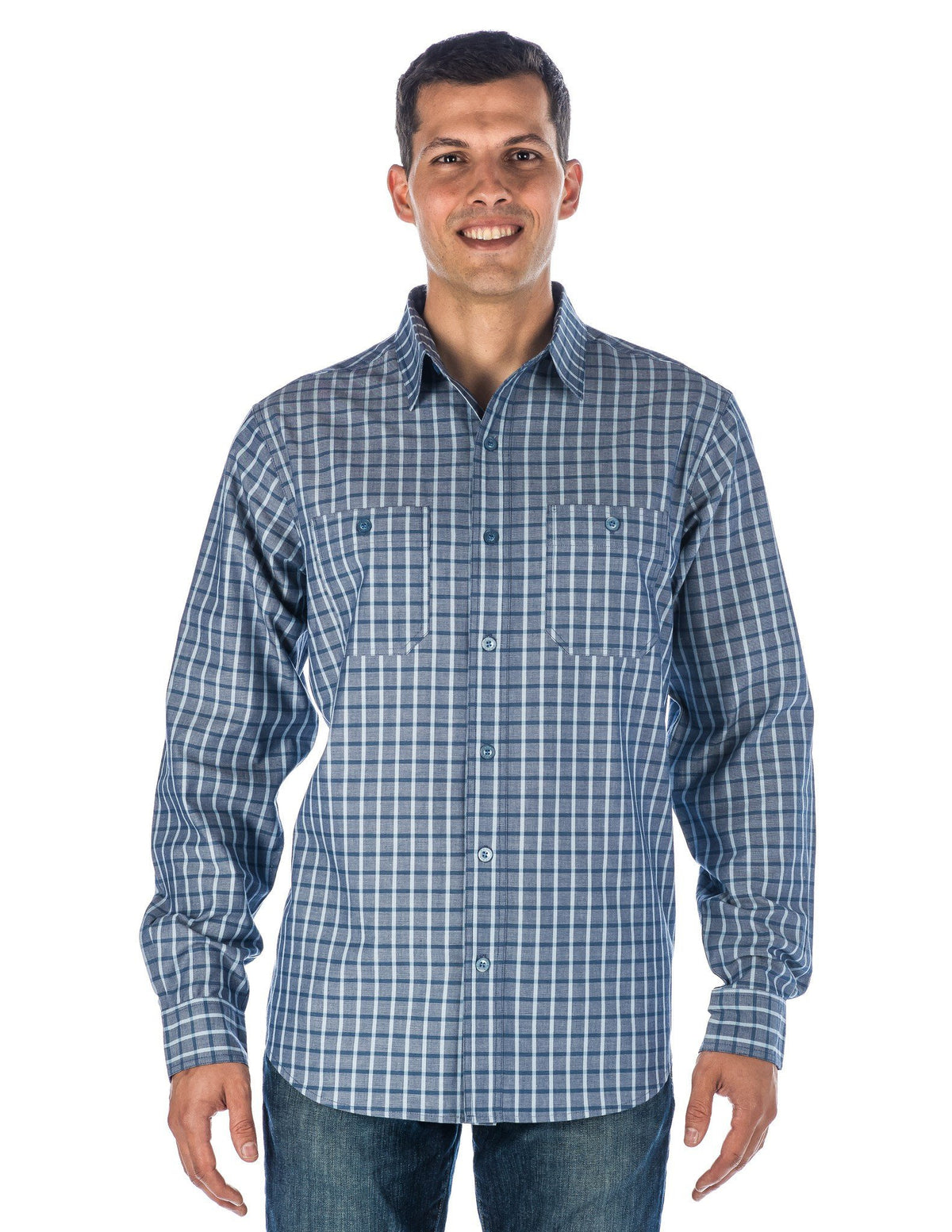Men's Comfort-Fit Cotton Chambray Casual Shirt - Checks Denim
