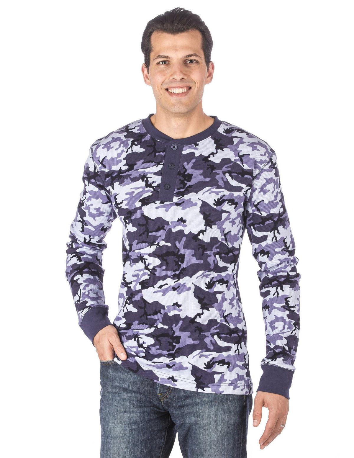 Men's Solid Thermal Henley Long Sleeve T-shirts - Camo - Blue