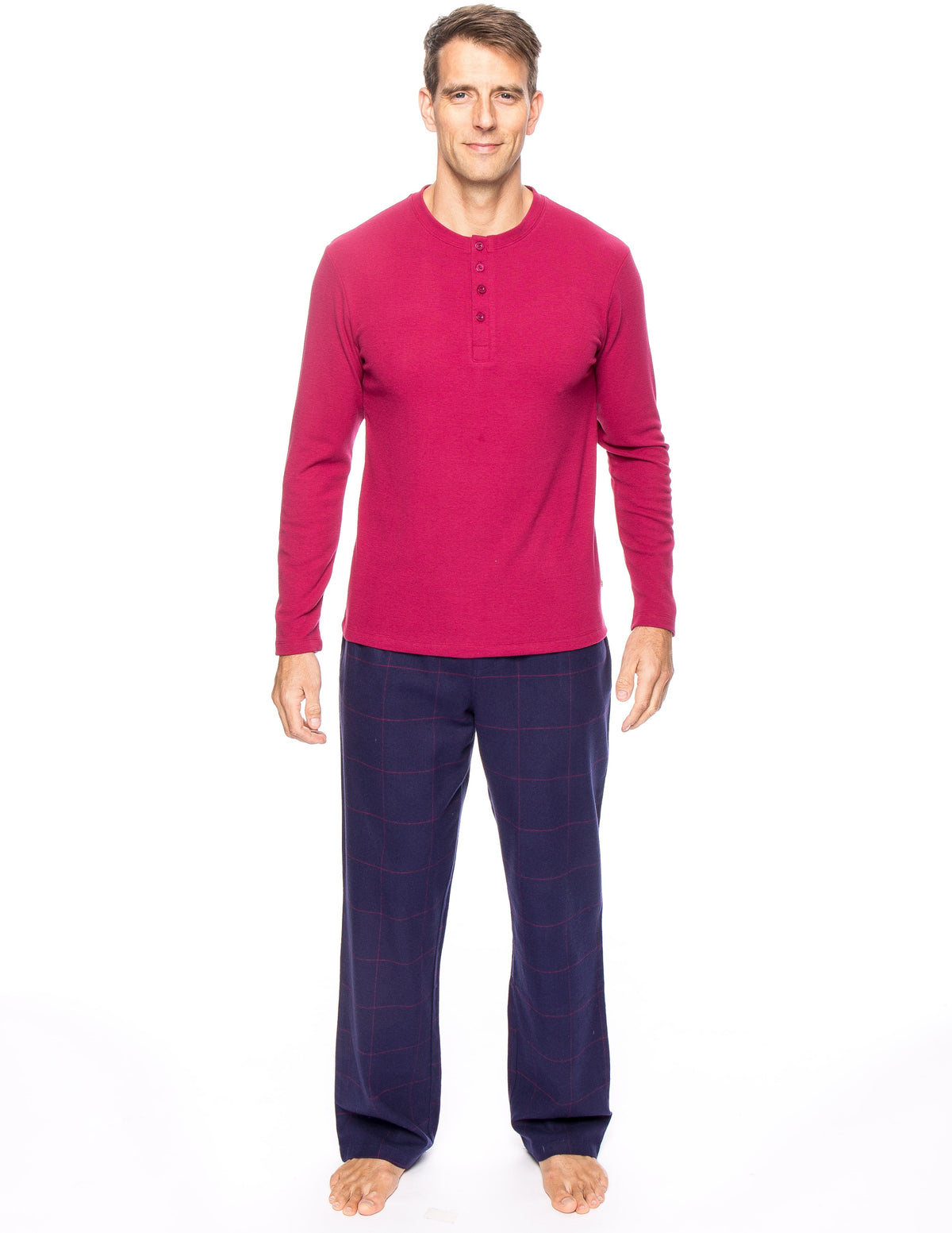 Mens Premium 100% Cotton Flannel Lounge Set - Windowpane Checks Blue/Red