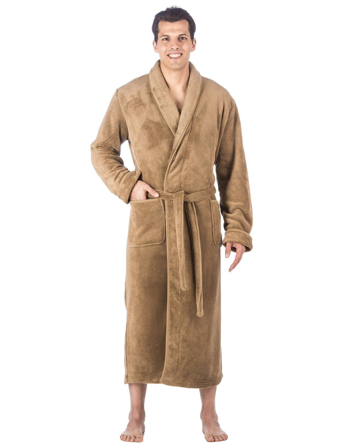 Men's Premium Coral Fleece Full Length Plush Spa/Bath Robe - Capuccino
