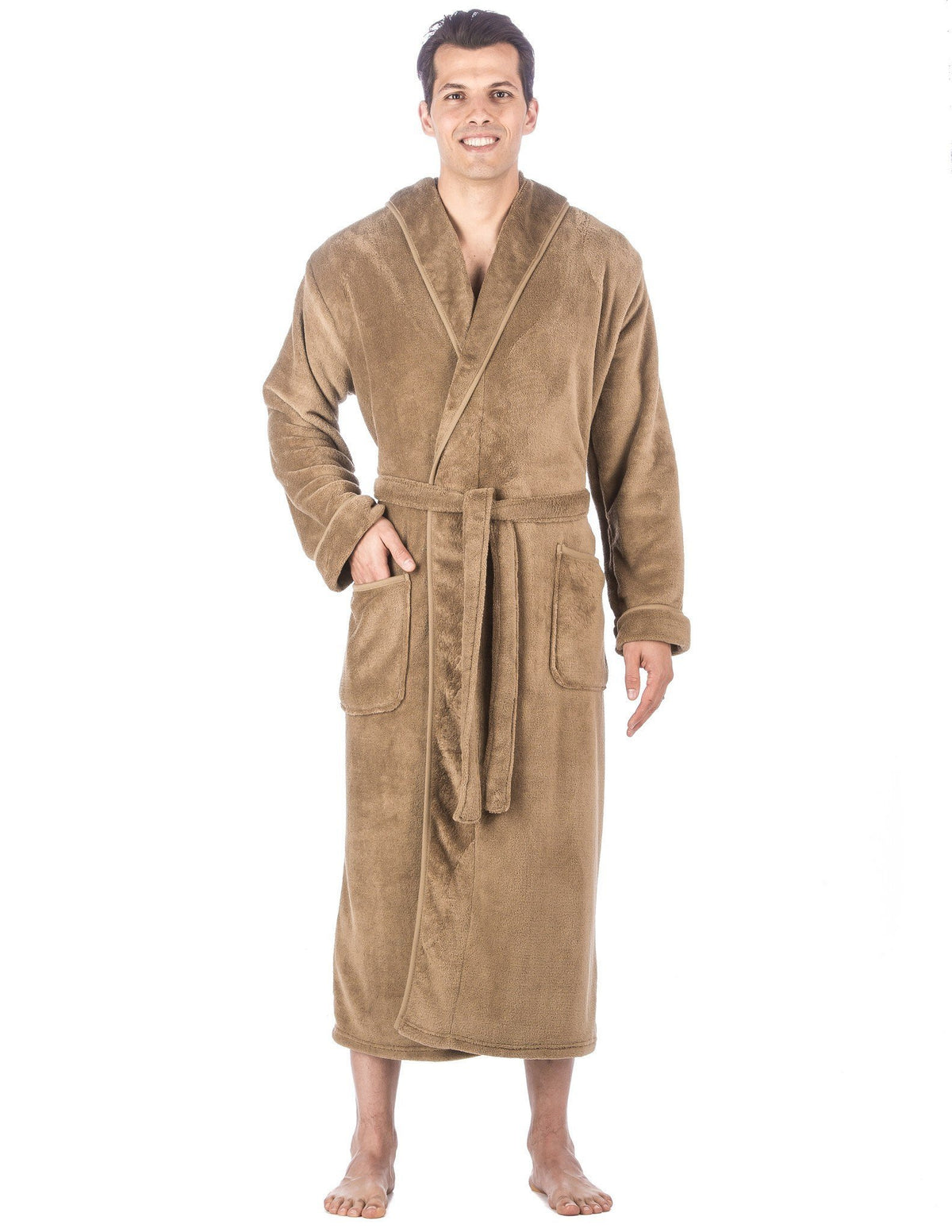 Men's Premium Coral Fleece Long Hooded Plush Spa/Bath Robe - Capuccino