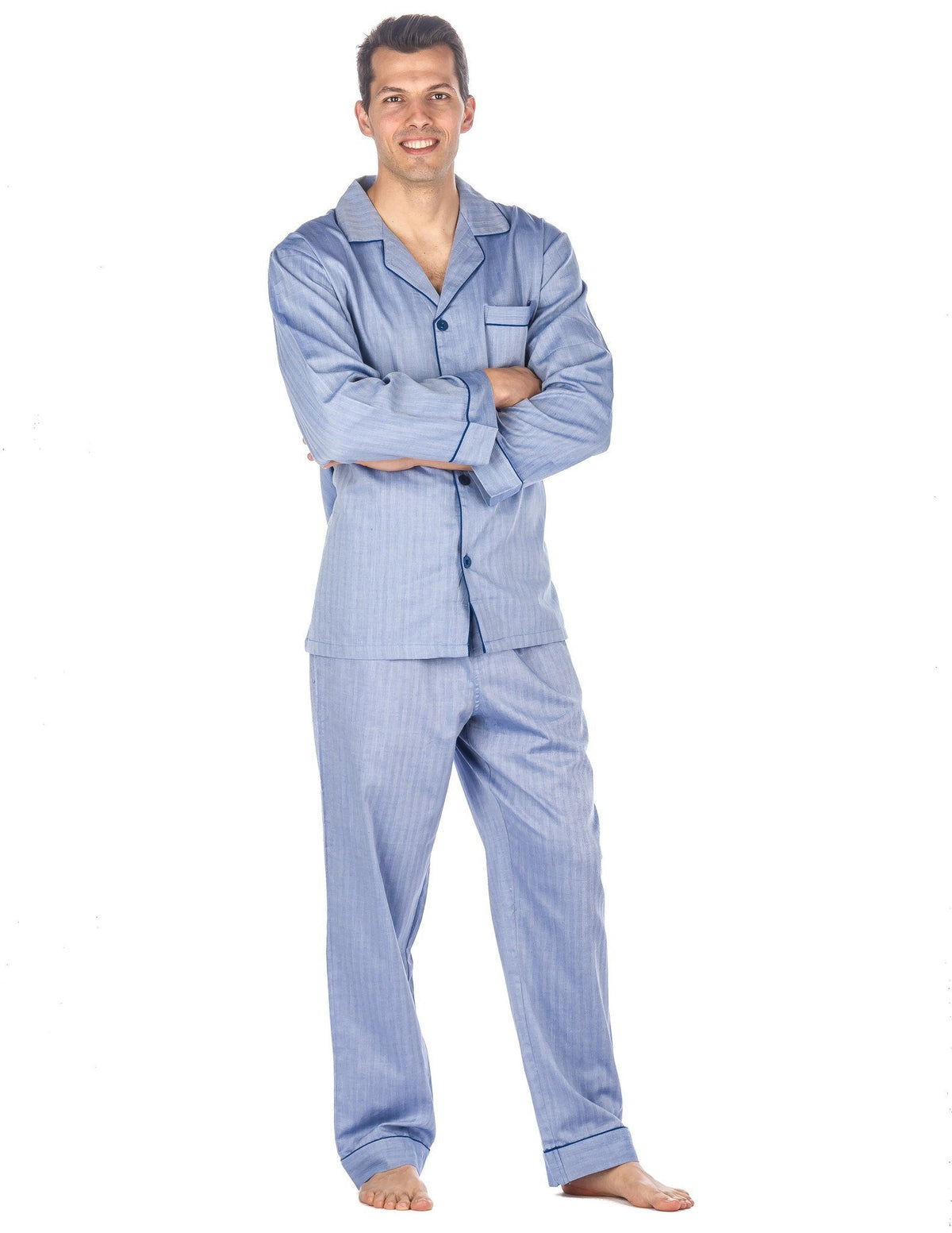 Mens Premium 100% Cotton Woven Pajama Sleepwear Set - Blue Herringbone