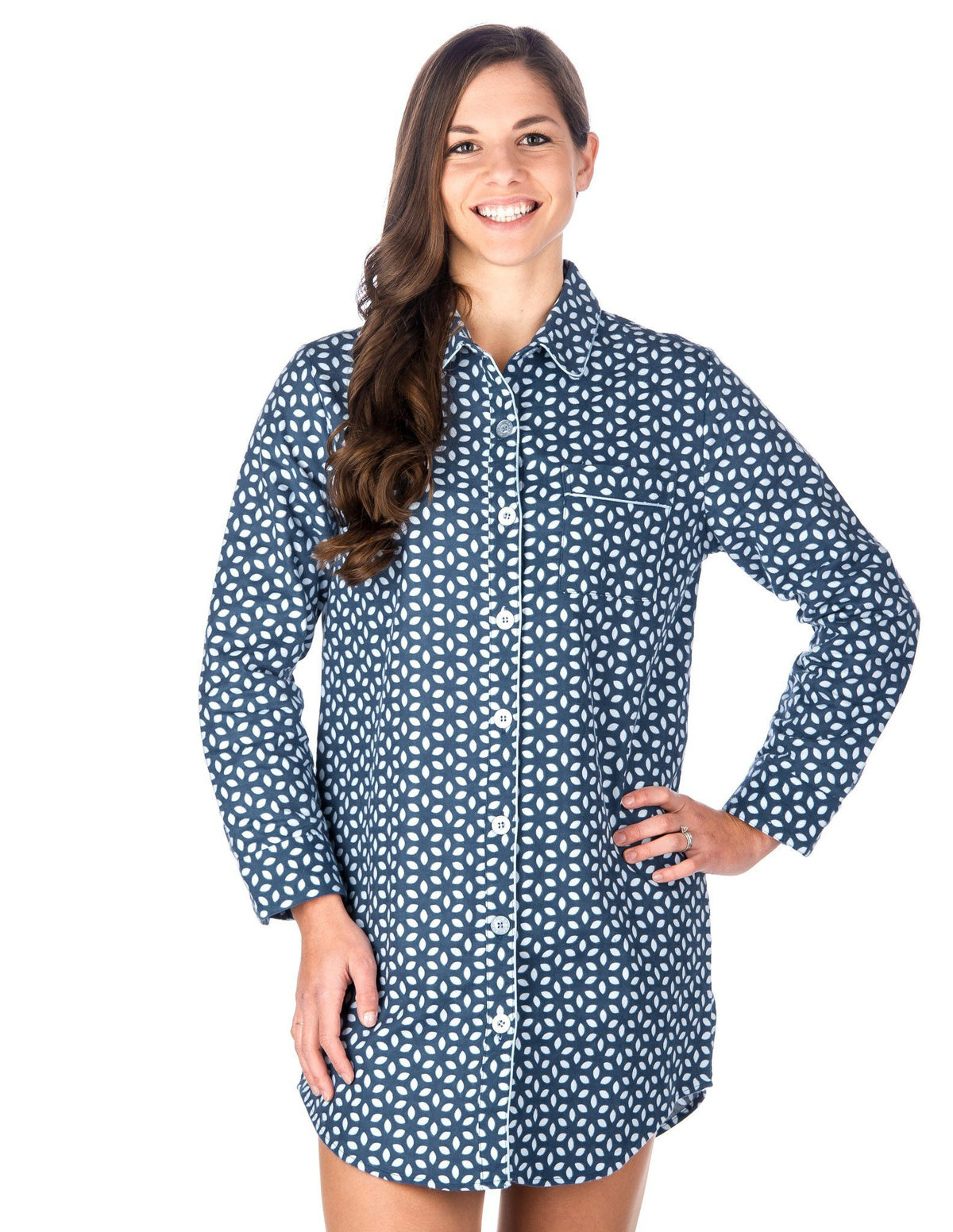 Women's Premium 100% Cotton Flannel Long Sleeve Sleep Shirt - Cutwork - Dark Blue