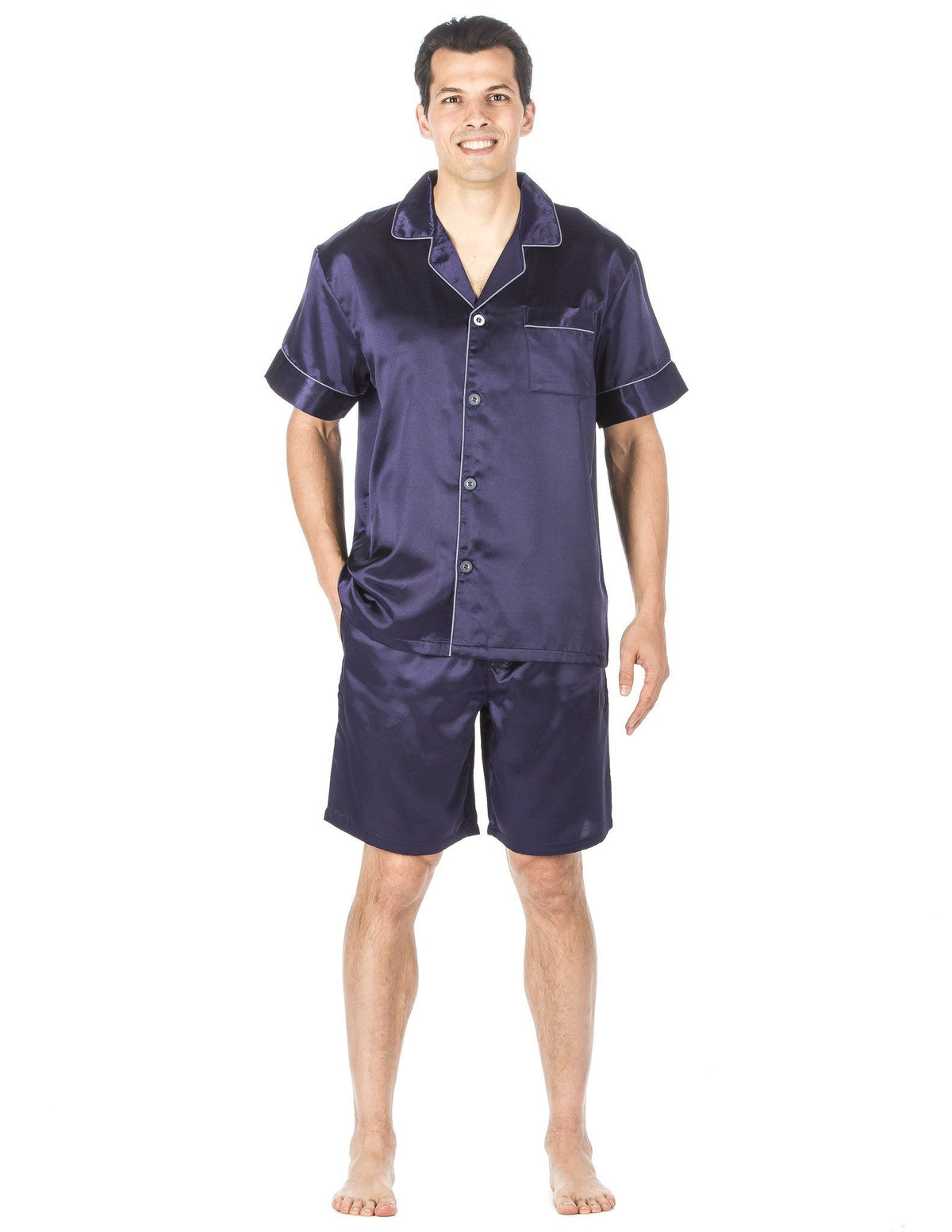 Men's Premium Satin Short Pajama Set - Solid Dark Blue