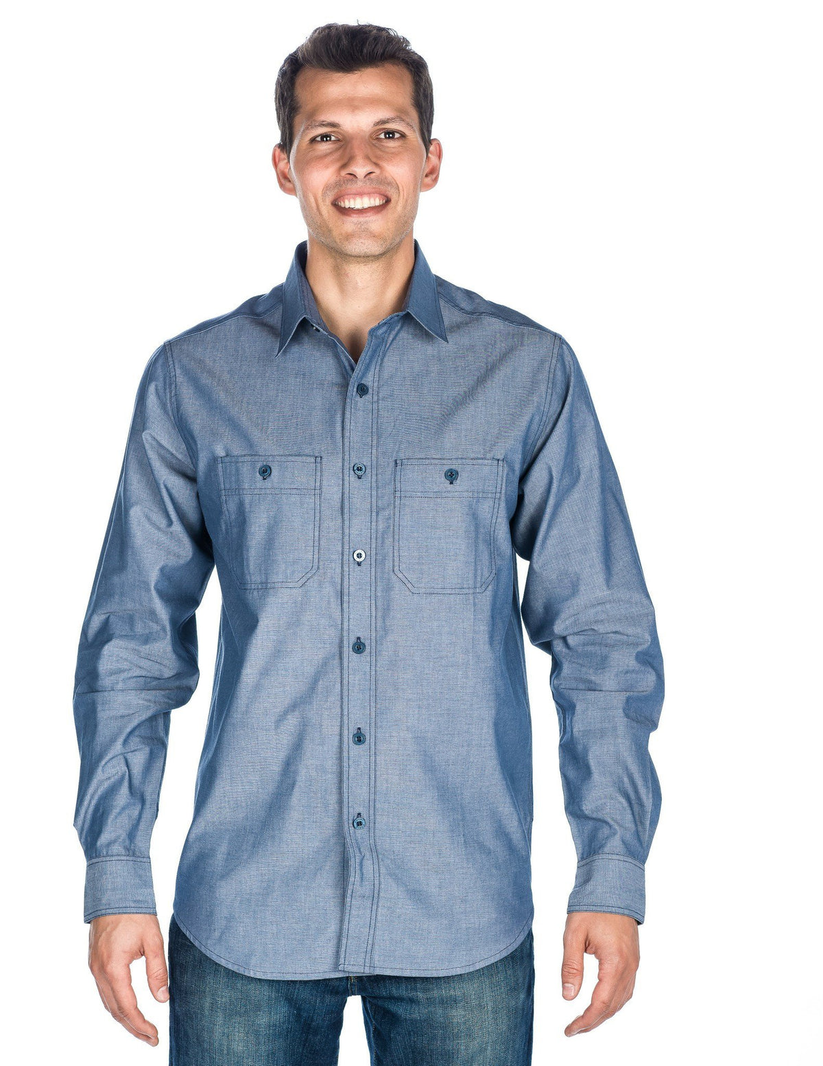 Men's Comfort-Fit Cotton Chambray Casual Shirt - Denim Blue