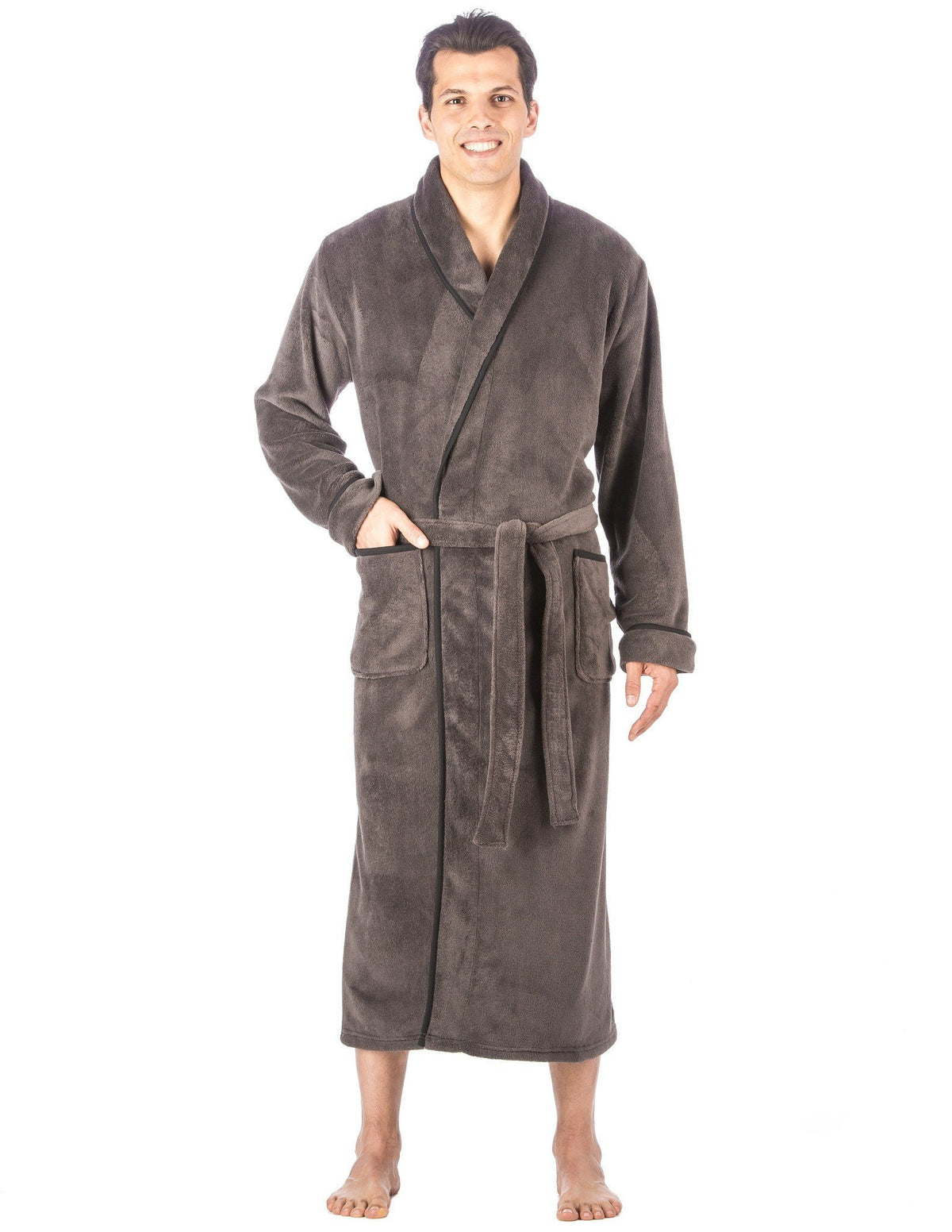 Men's Premium Coral Fleece Full Length Plush Spa/Bath Robe - Dark Grey
