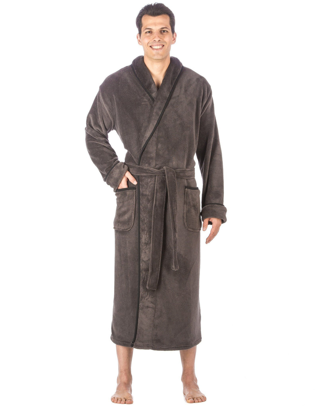 Men's Premium Coral Fleece Long Hooded Plush Spa/Bath Robe - Dark Gray