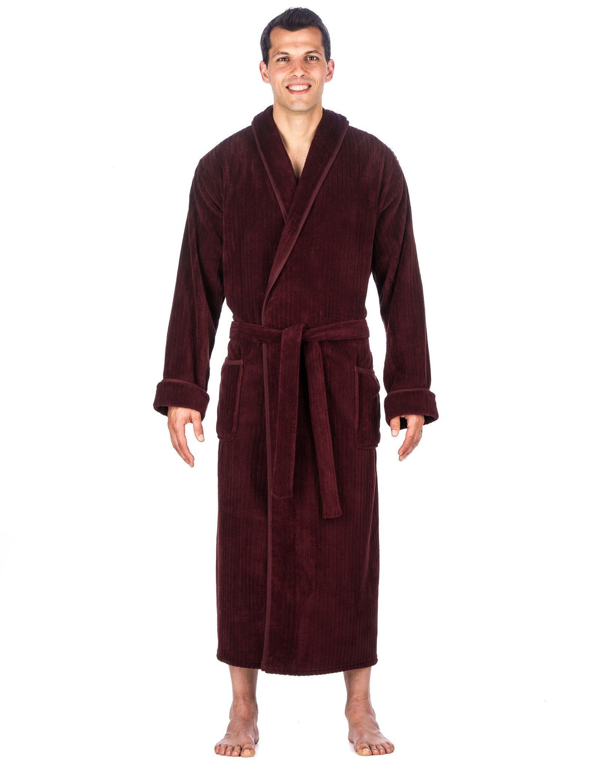 Men's Premium Coral Fleece Long Hooded Plush Spa/Bath Robe - Fig