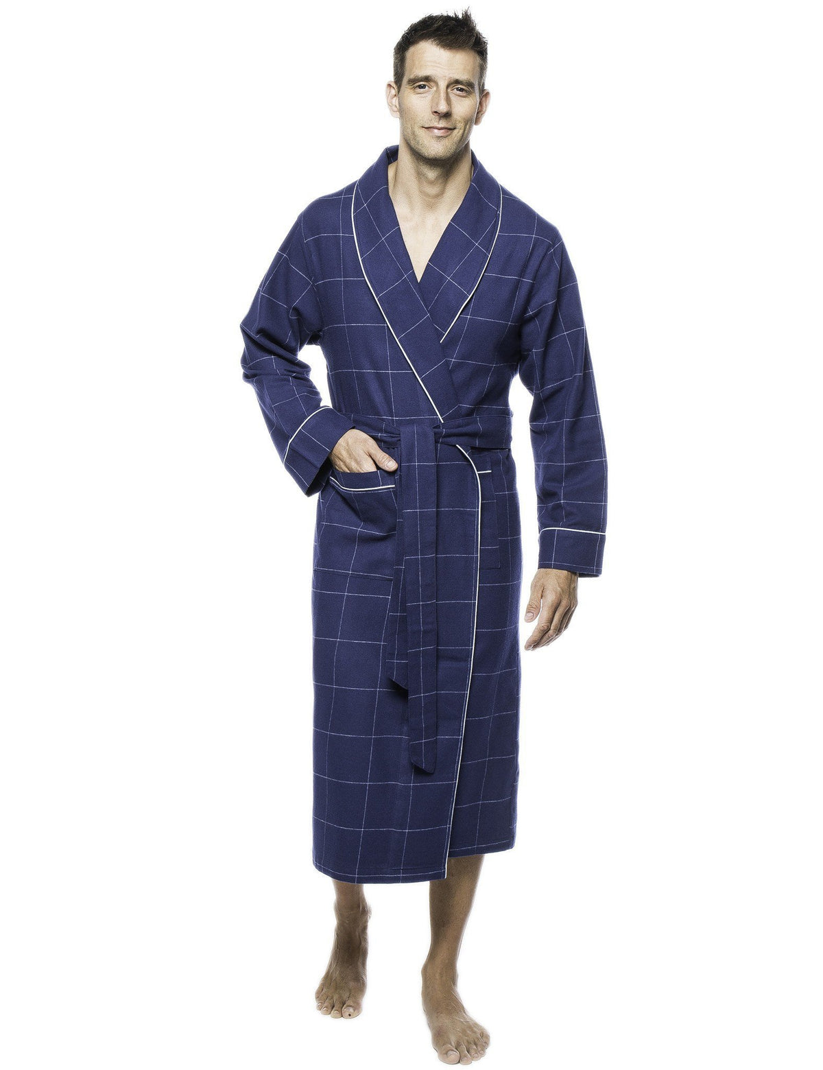 Mens Premium 100% Cotton Flannel Robe - Windowpane Checks Dark Blue