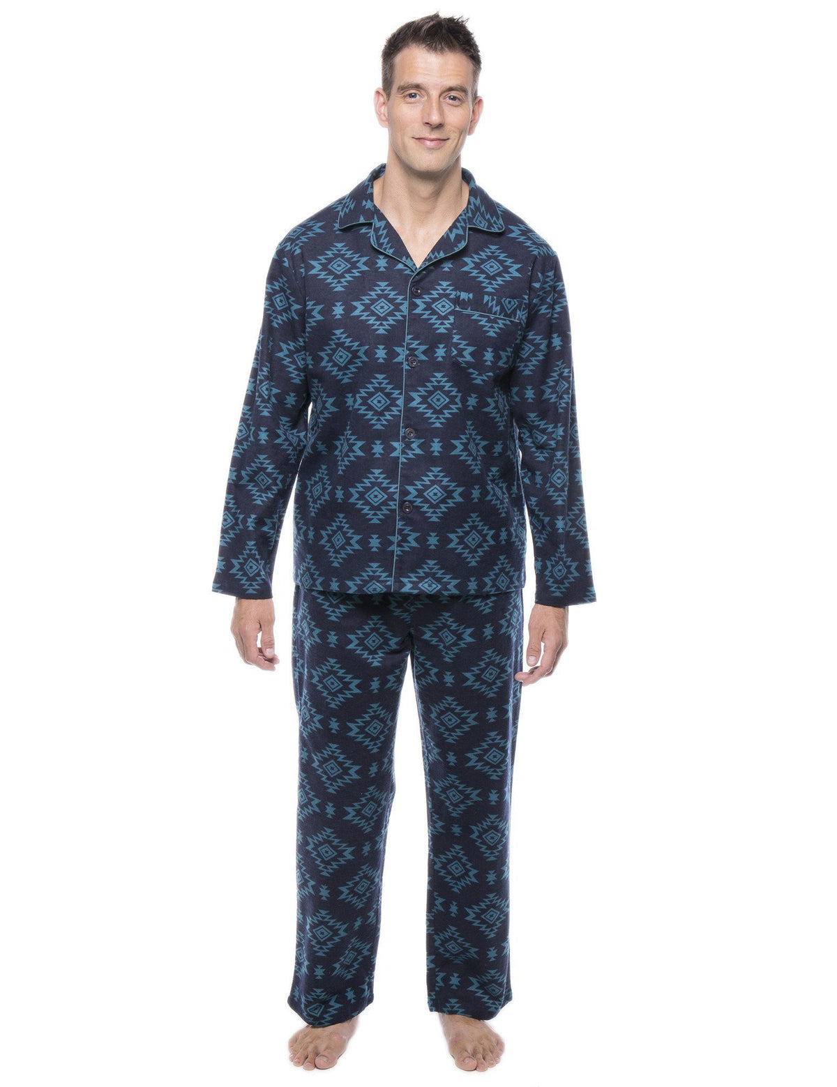 Men's 100% Cotton Flannel Pajama Set - Aztec Navy/Teal